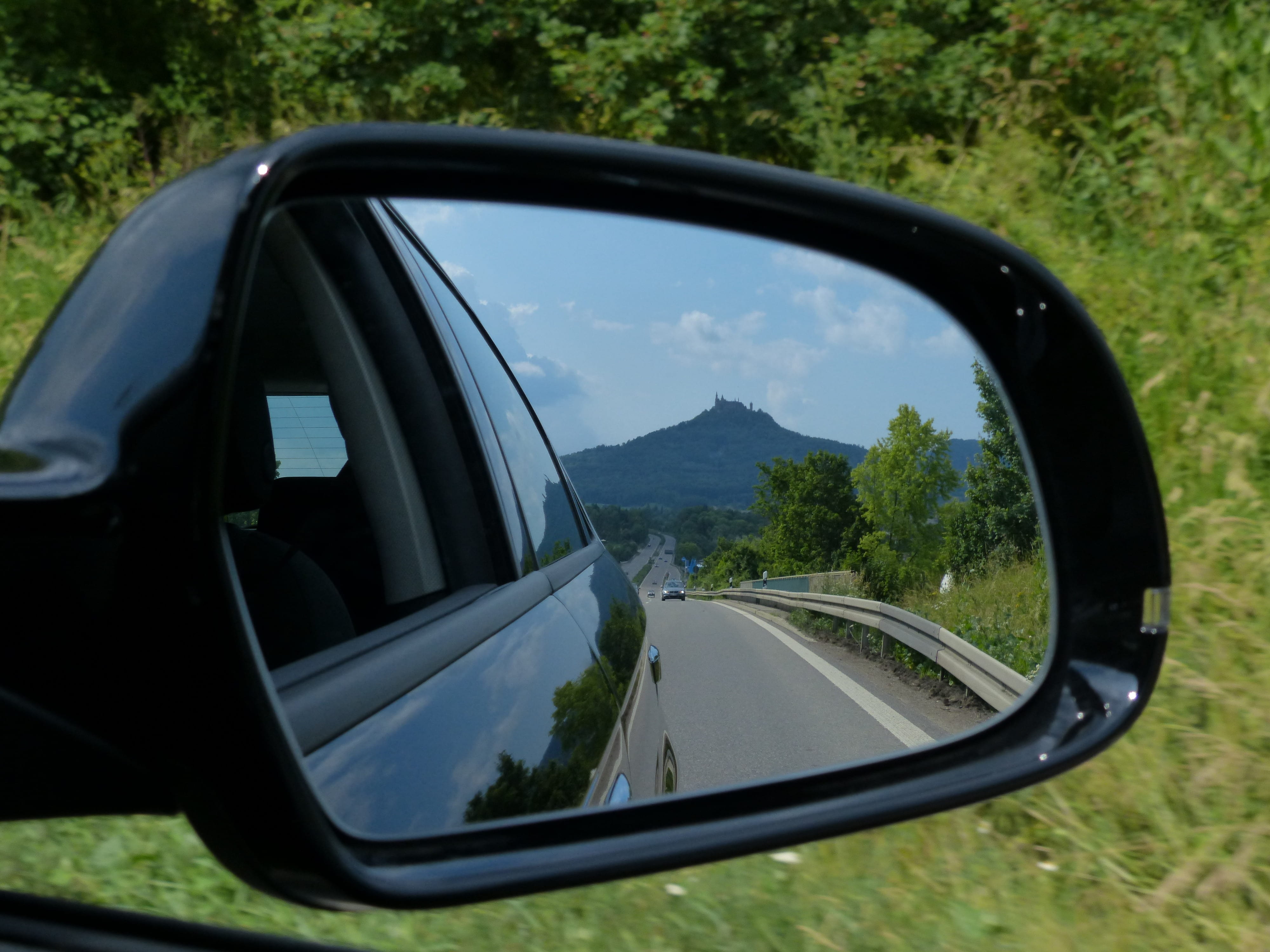mirrors, reflection, ancestral castle, hohenzollern castle, imperial house of hohenzollern, road trip, trees, highway, tree, castle, driving a car, vehicle, HD Wallpaper