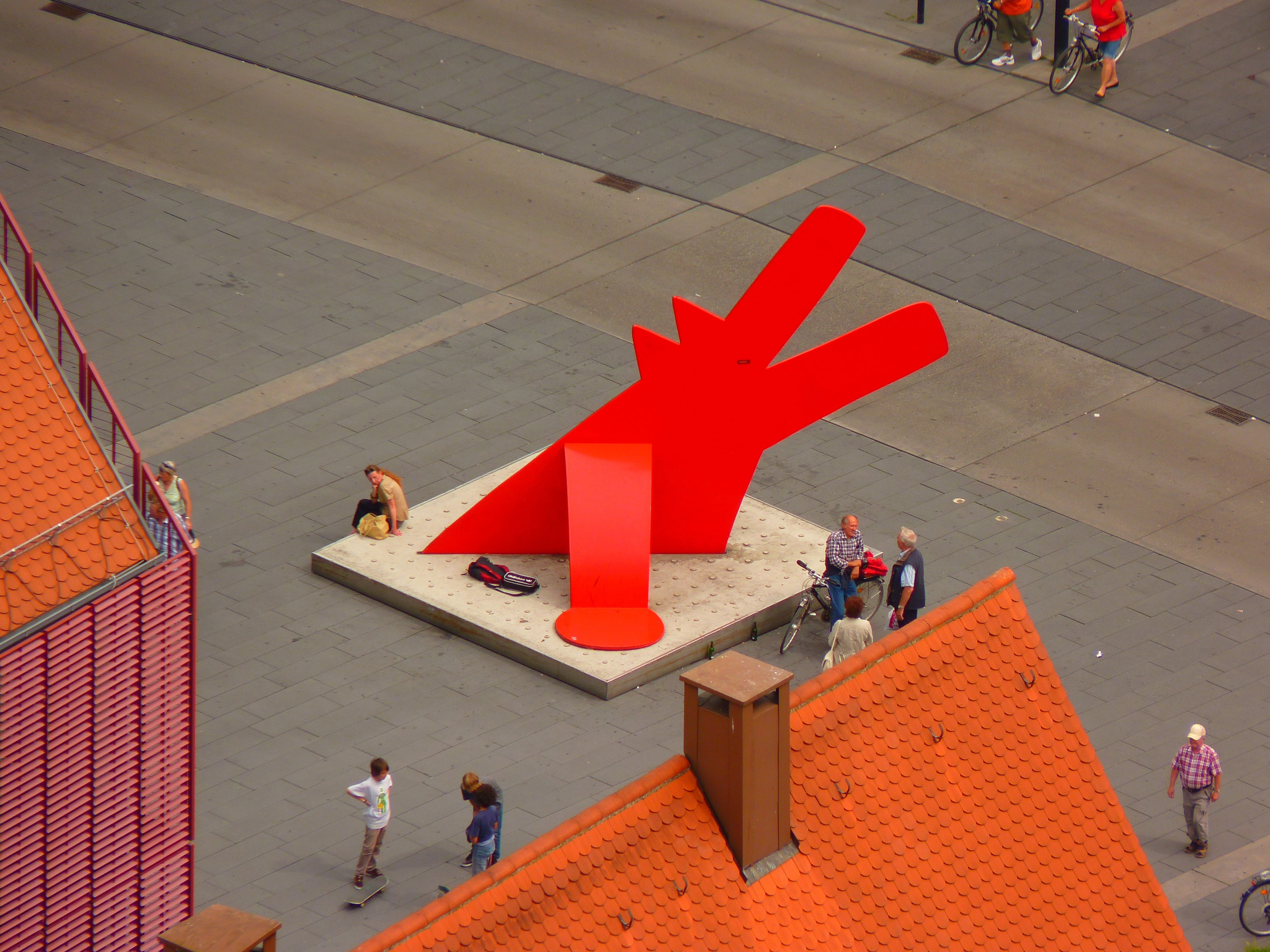 lifestyles, real people, artwork, adult, men, red dog, medium group of people, traffic cone, dog, cone, sign, incidental people, people, architecture, high angle view, HD Wallpaper