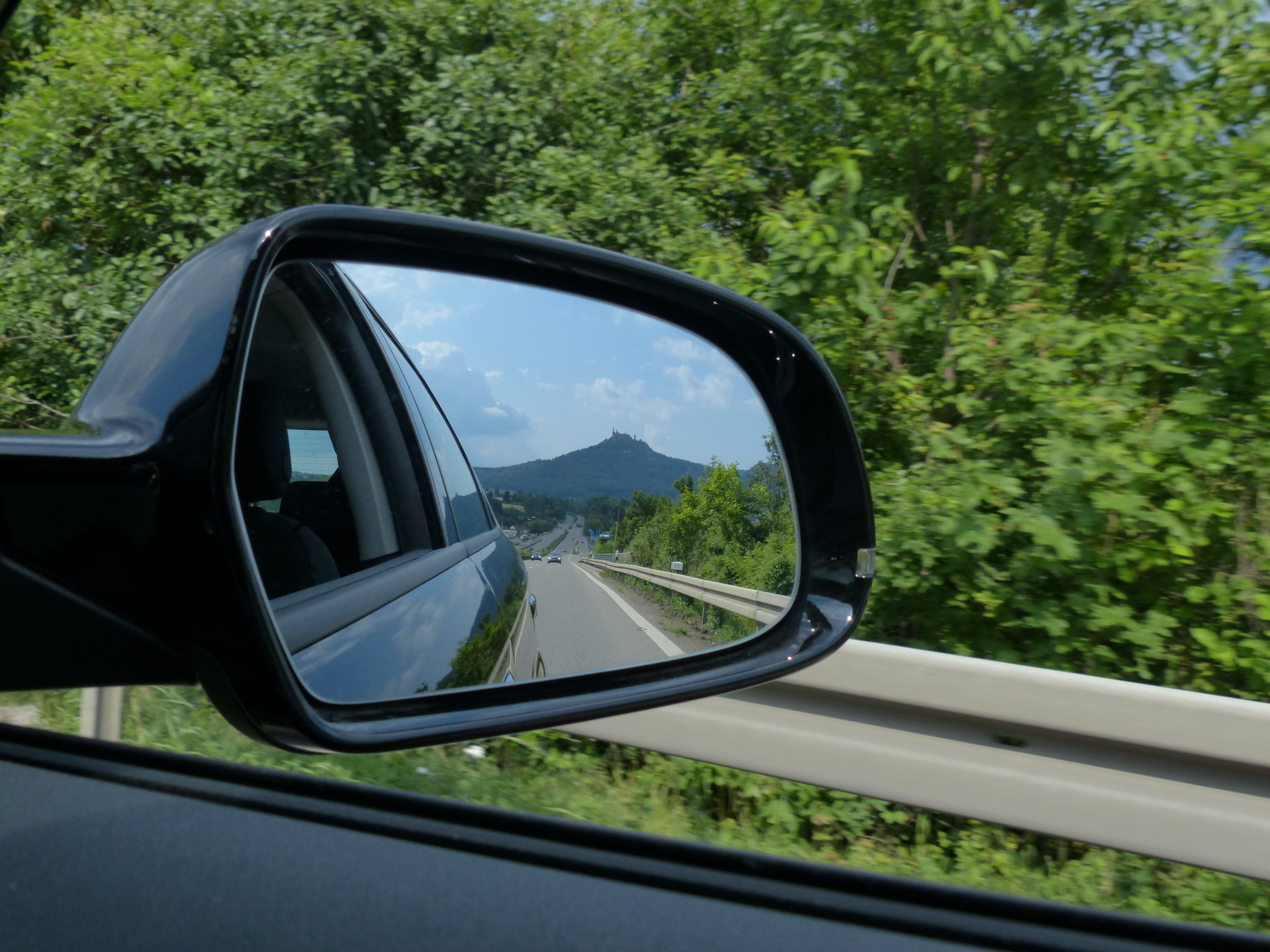 rear mirror, travel, road, traffic, vehicle, ancestral castle, vehicle interior, swabian alb, day, transparent, 4K, bisingen, summit castle, mountain cone, HD Wallpaper