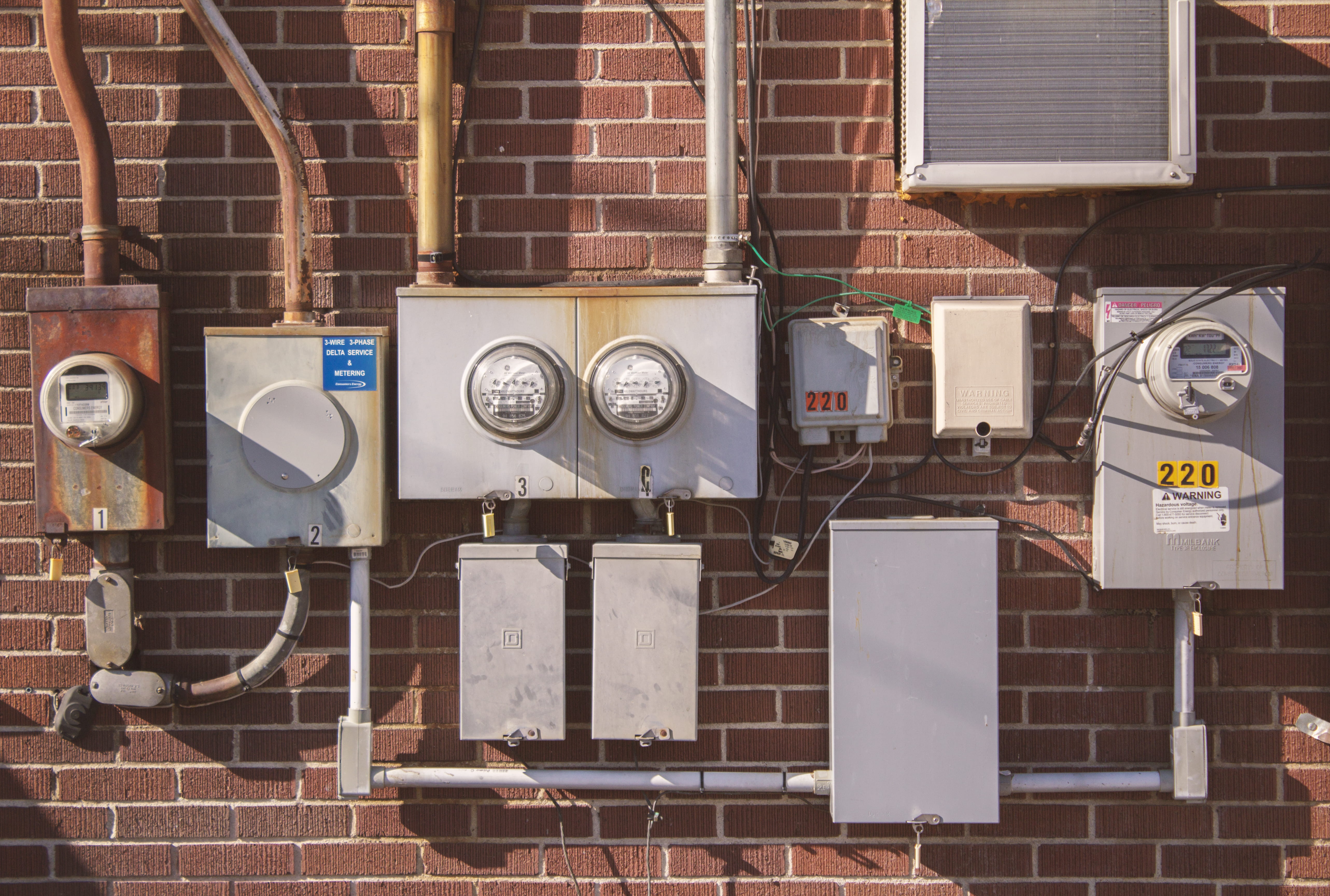 electricity, machinery, brick, boxes, wiring, wires, pattern, day, cords, power supply, lines, alley, city, 5K, circles, technology, wall - building feature, HD Wallpaper