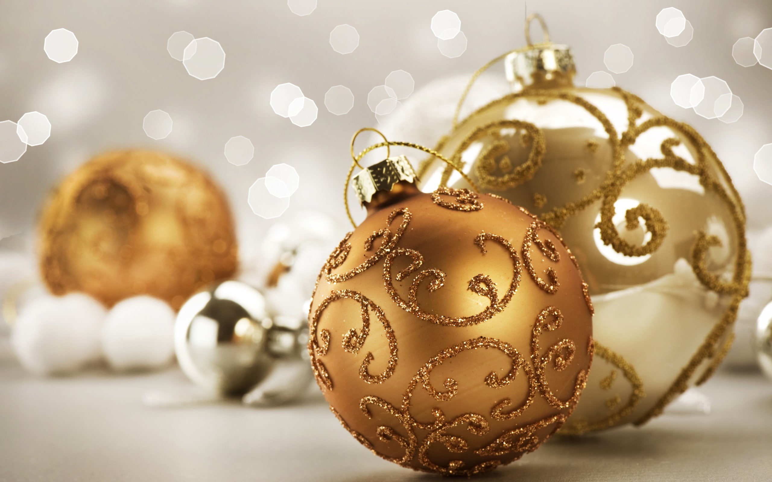 Christmas, christmas ornament, indoors, gold colored, bokeh, shiny, illuminated, event, christmas decoration, 2K, sphere, close-up, still life, celebration, HD Wallpaper