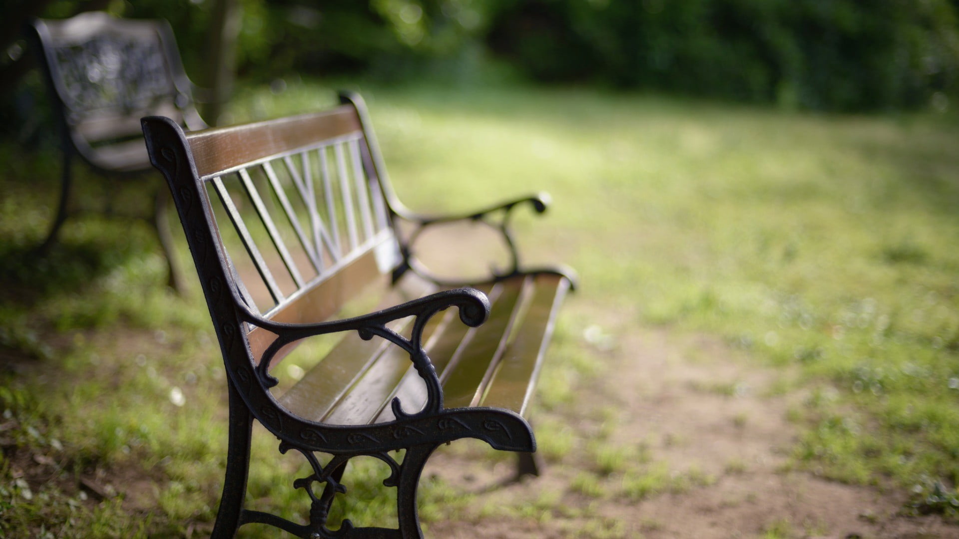 park bench, black, day, green color, seat, outdoors, park, no people, metal, wood - material, depth of field, focus on foreground, bench, tranquility, chair, HD Wallpaper