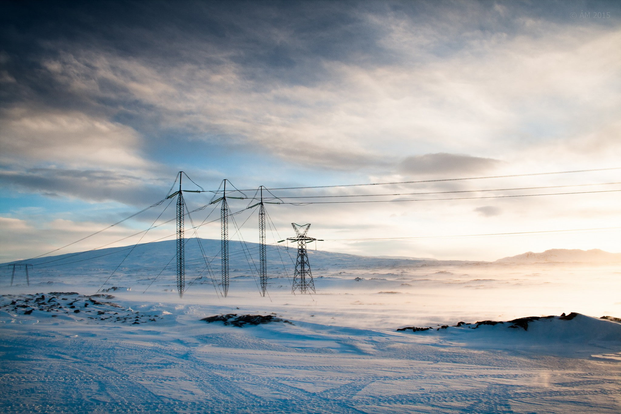 power lines, winter, field, lines, power, 1080P, HD Wallpaper