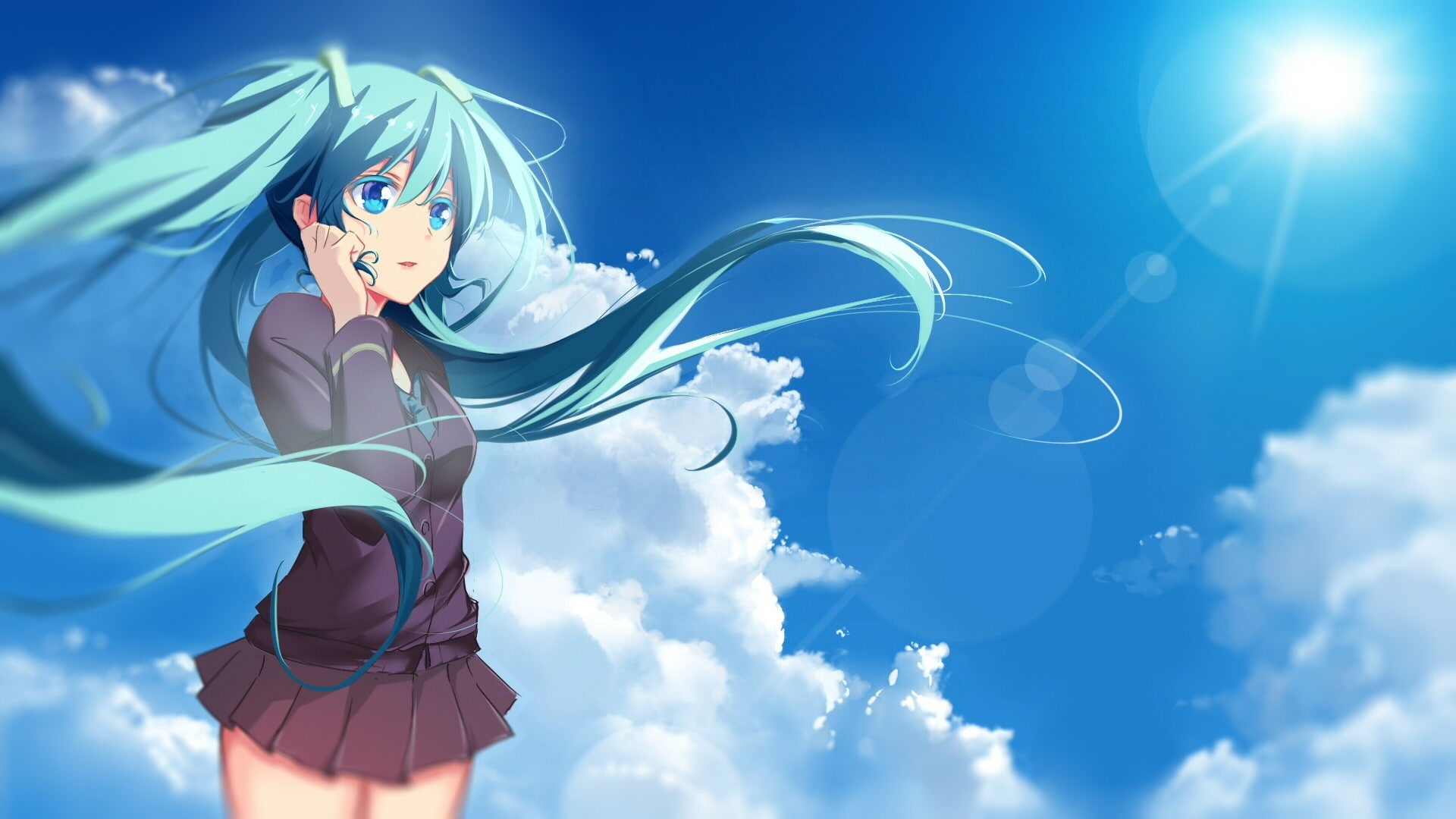 Vocaloid, twintails, 1080P, anime, long hair, clouds, tie, anime girls, skirt, Hatsune Miku, HD Wallpaper