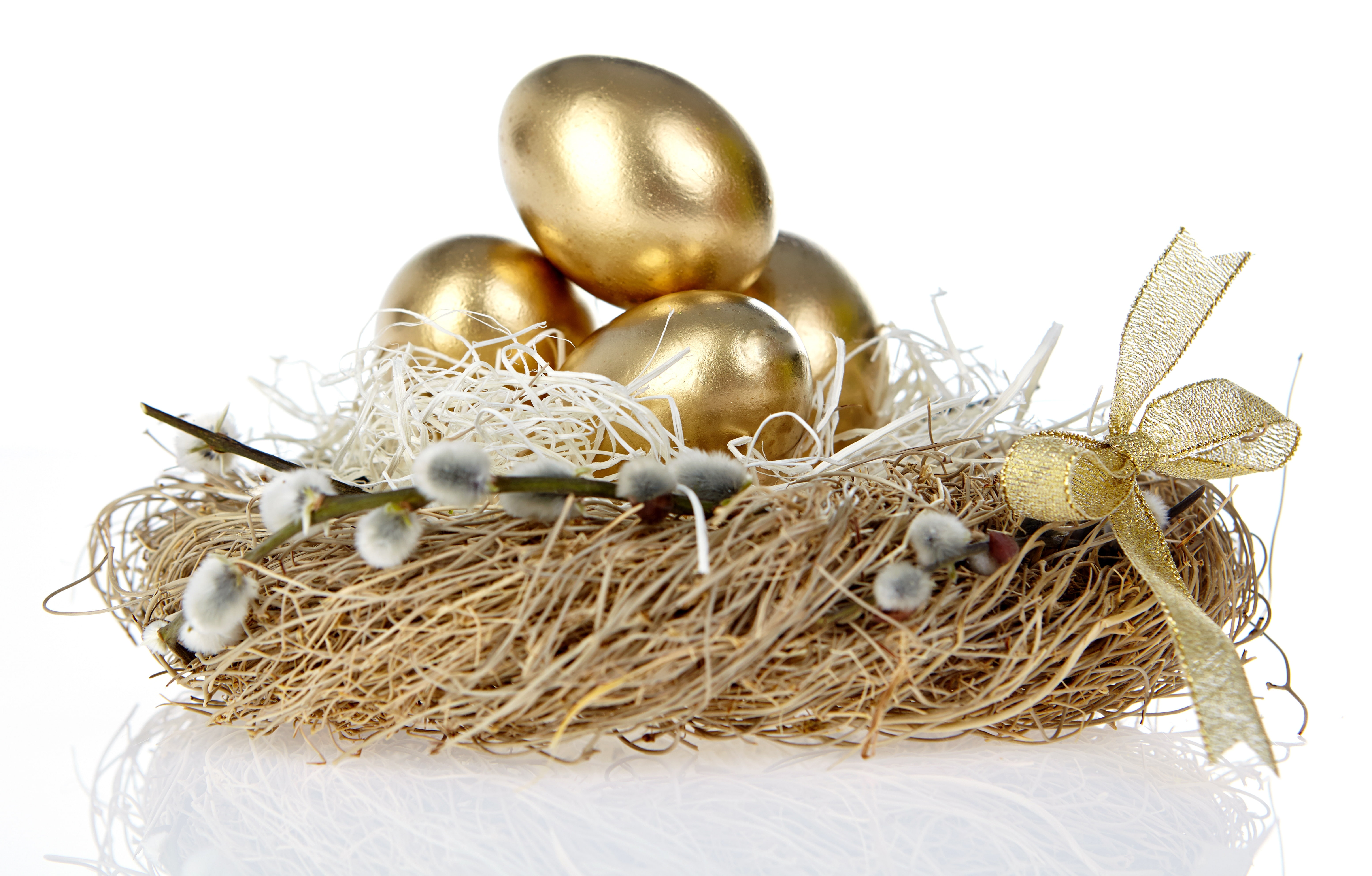 Easter, Golden eggs, willow twigs, 5K, holiday, bow, socket, HD Wallpaper