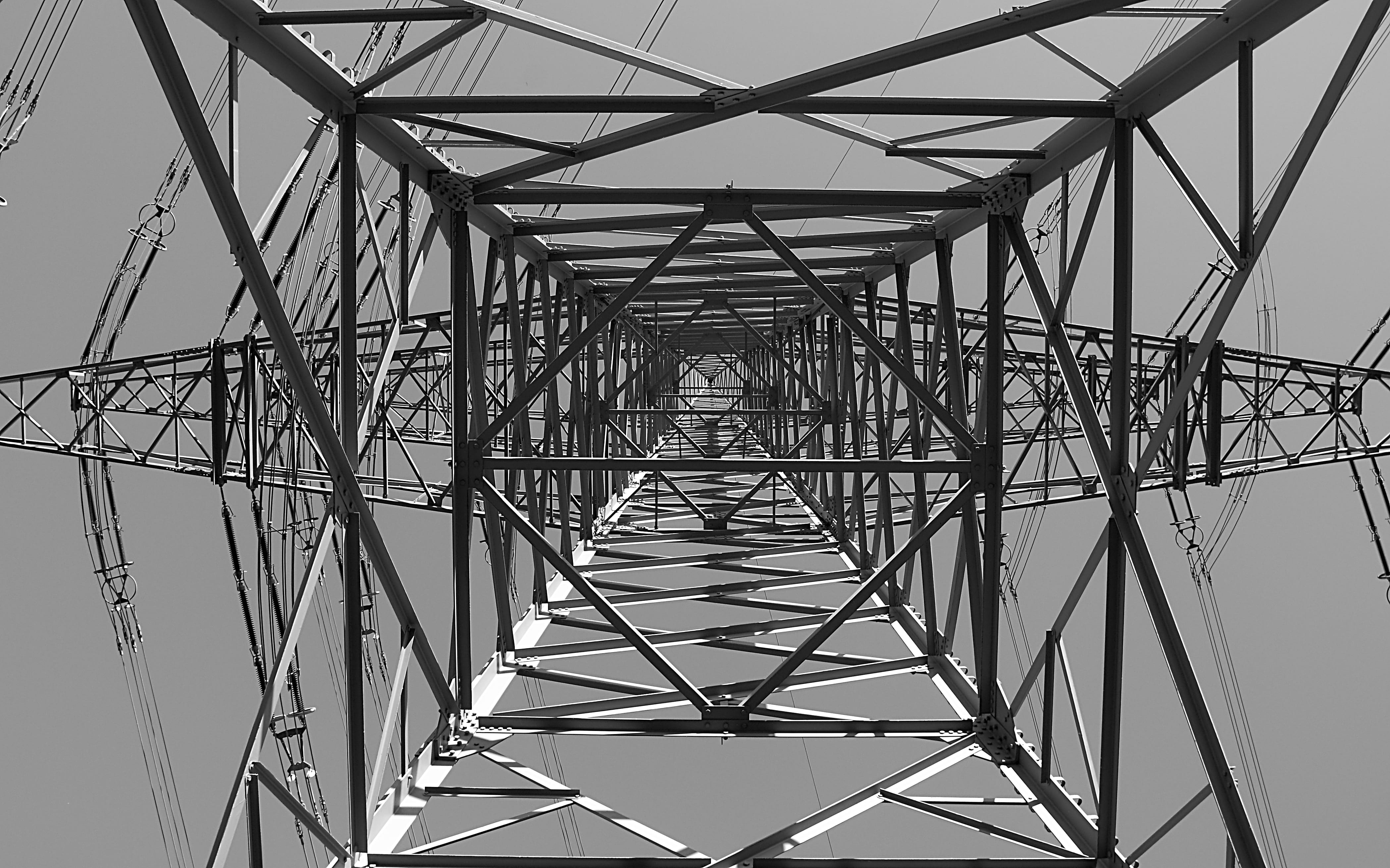 current, low angle view, upper lines, electricity pylon, technology, sky, outdoors, no people, alloy, connection, strommast, metal, directly below, 4K, HD Wallpaper