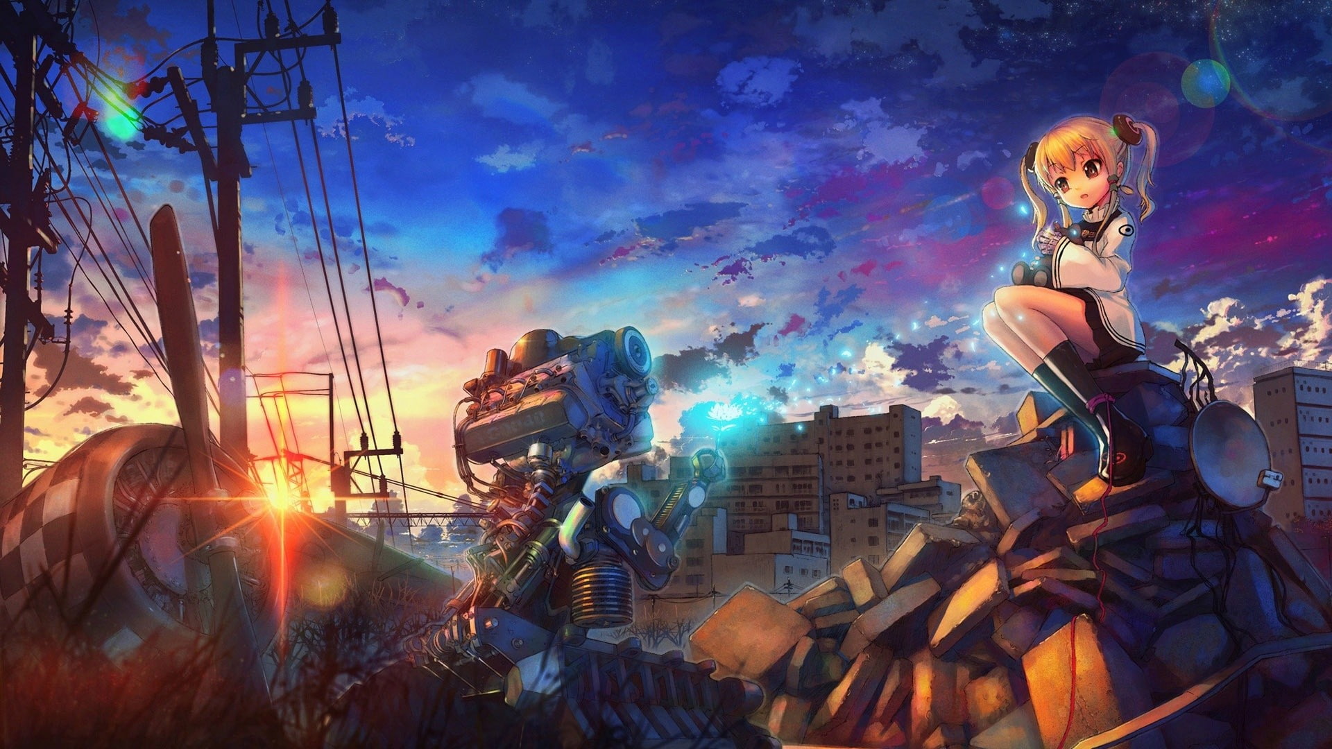 anime, anime girls, destruction, utility pole, city, power lines, sunset, engines, 1080P, artwork, HD Wallpaper