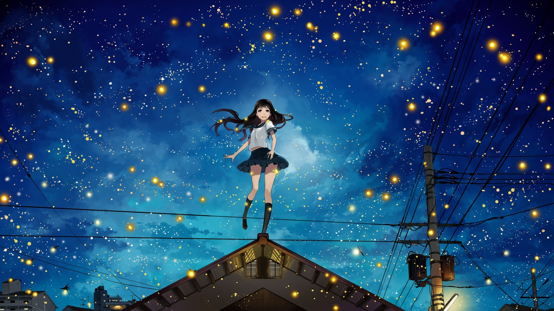 anime girls, anime, long hair, 1080P, power lines, schoolgirl, fireflies, night, rooftops, miniskirt, utility pole, original characters, stars, school uniform, HD Wallpaper
