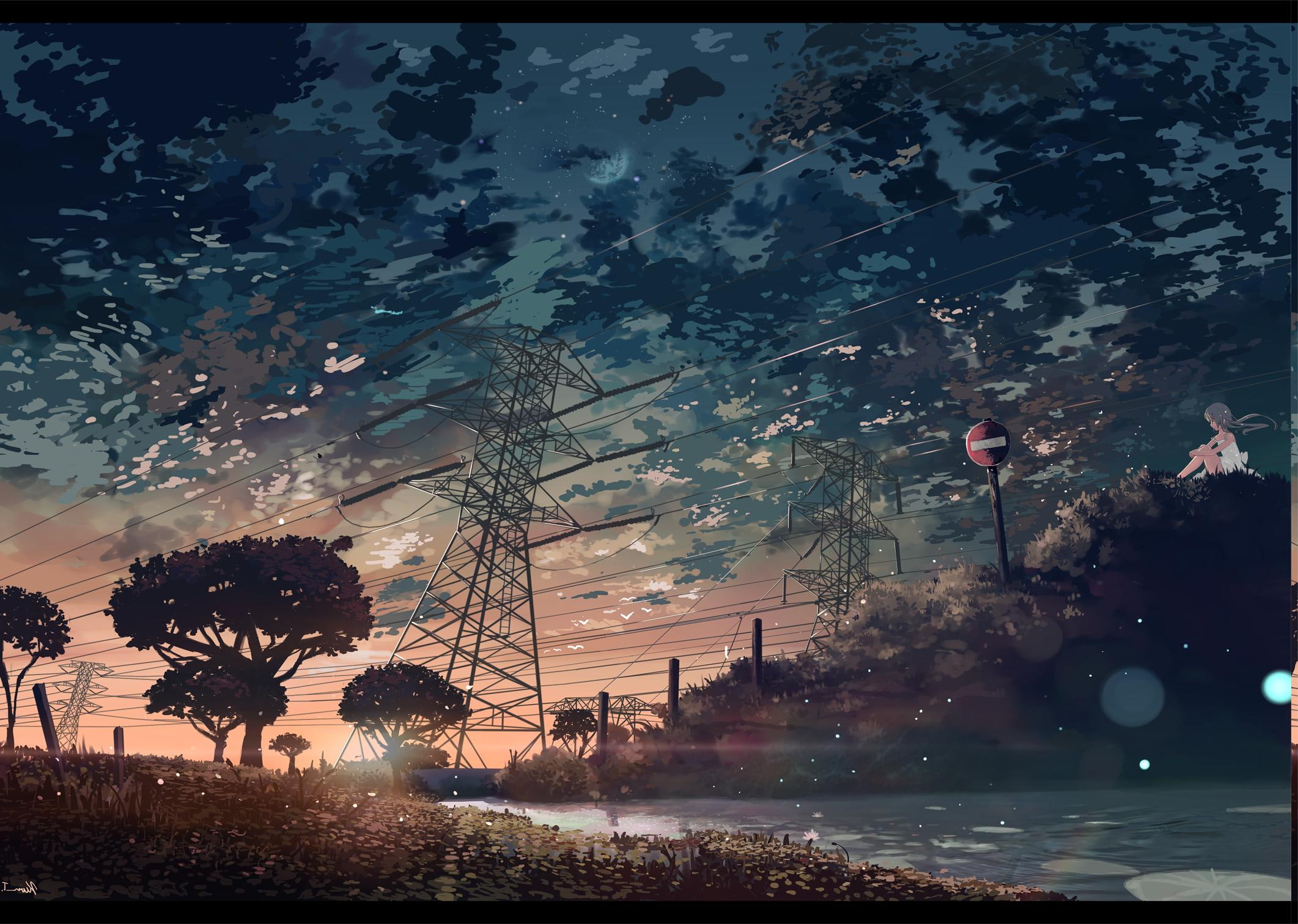 sunset, Utility Pole, 1080P, anime, Power Lines, Manga, HD Wallpaper