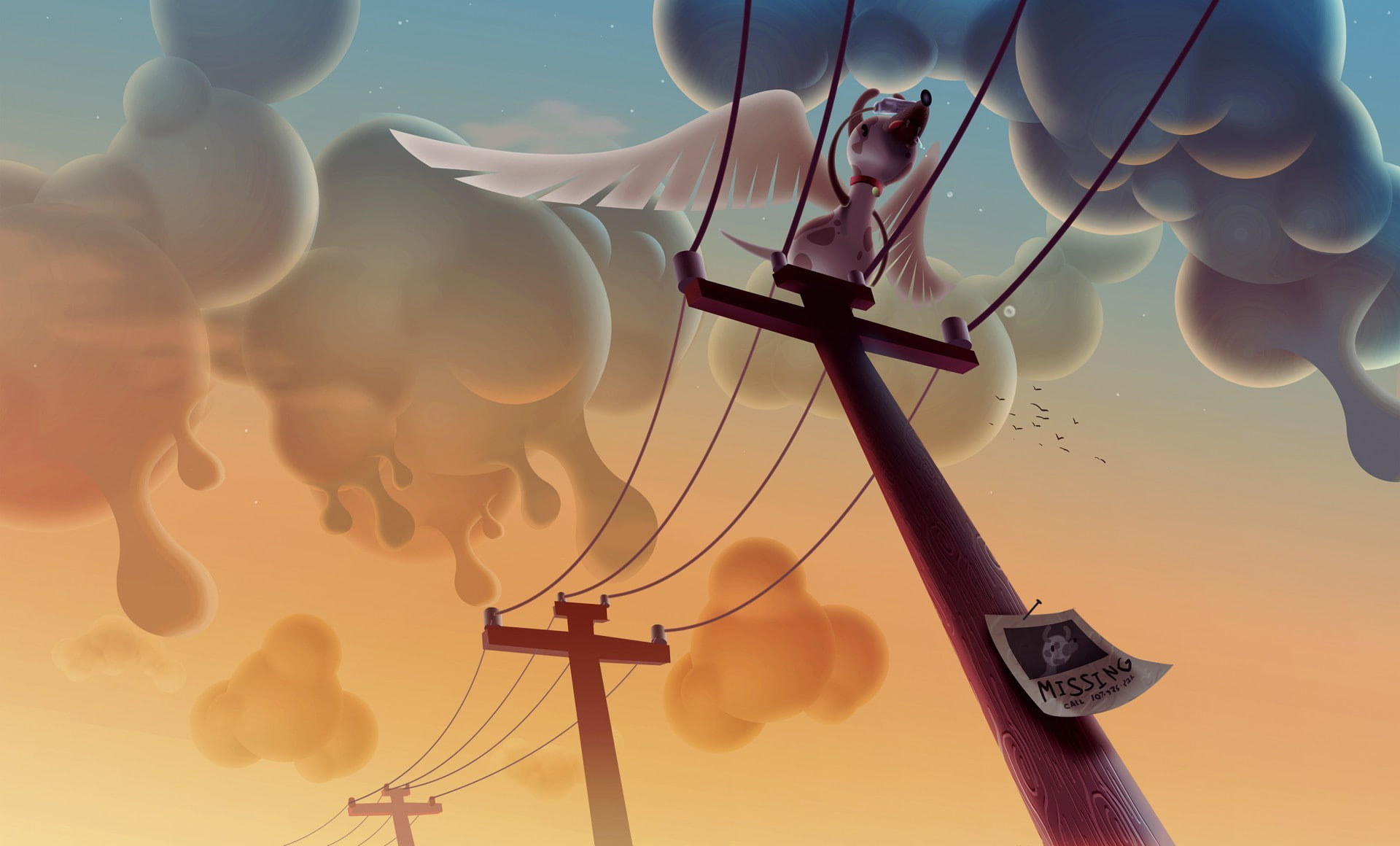 clouds, animals, humor, wings, dog, 1080P, Aaron Campbell, Utility Pole, digital art, HD Wallpaper