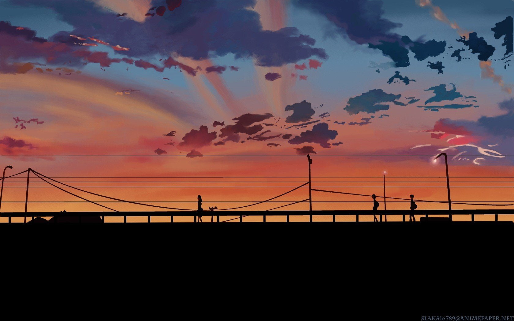 sunset, Makoto Shinkai, Power Lines, 5 Centimeters Per Second, 720P, Utility Pole, Silhouette, HD Wallpaper