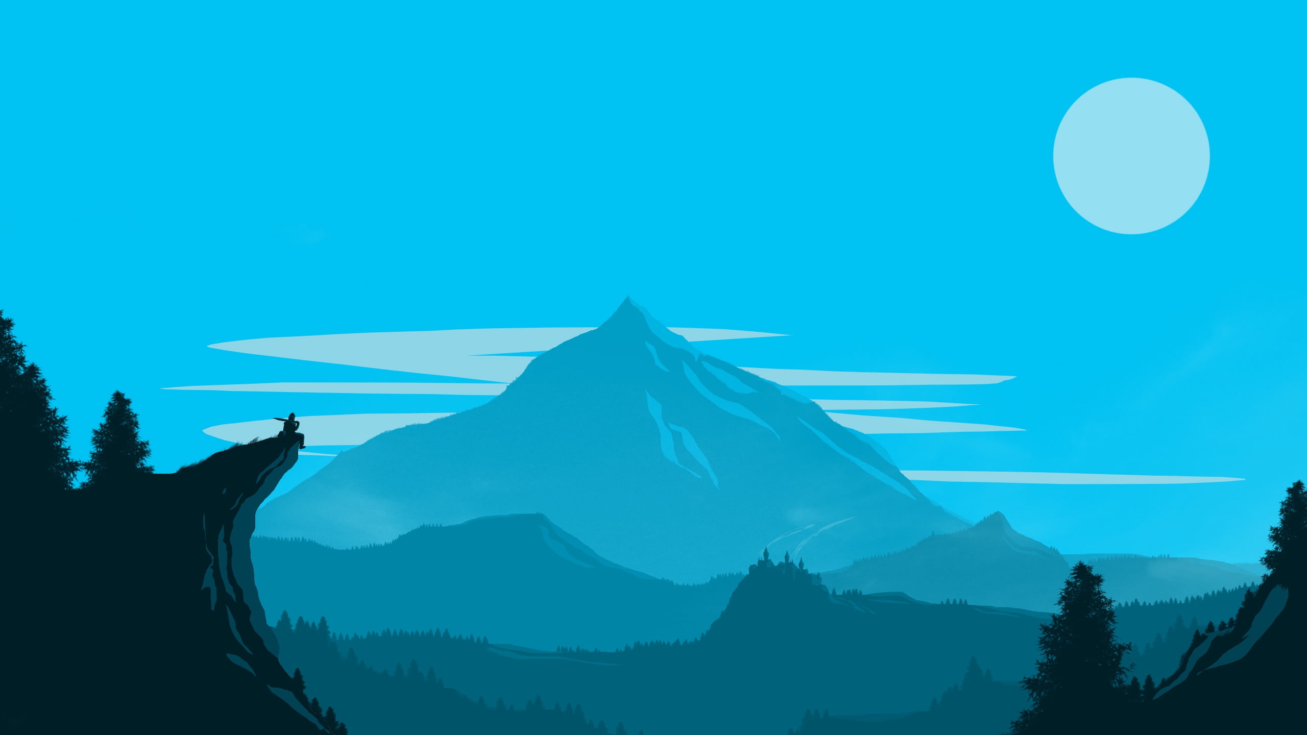 landscape, art, 2K, trees, forest, digital art, moon, Mountain, nature, figure, sky, clouds, sitting, artwork, HD Wallpaper