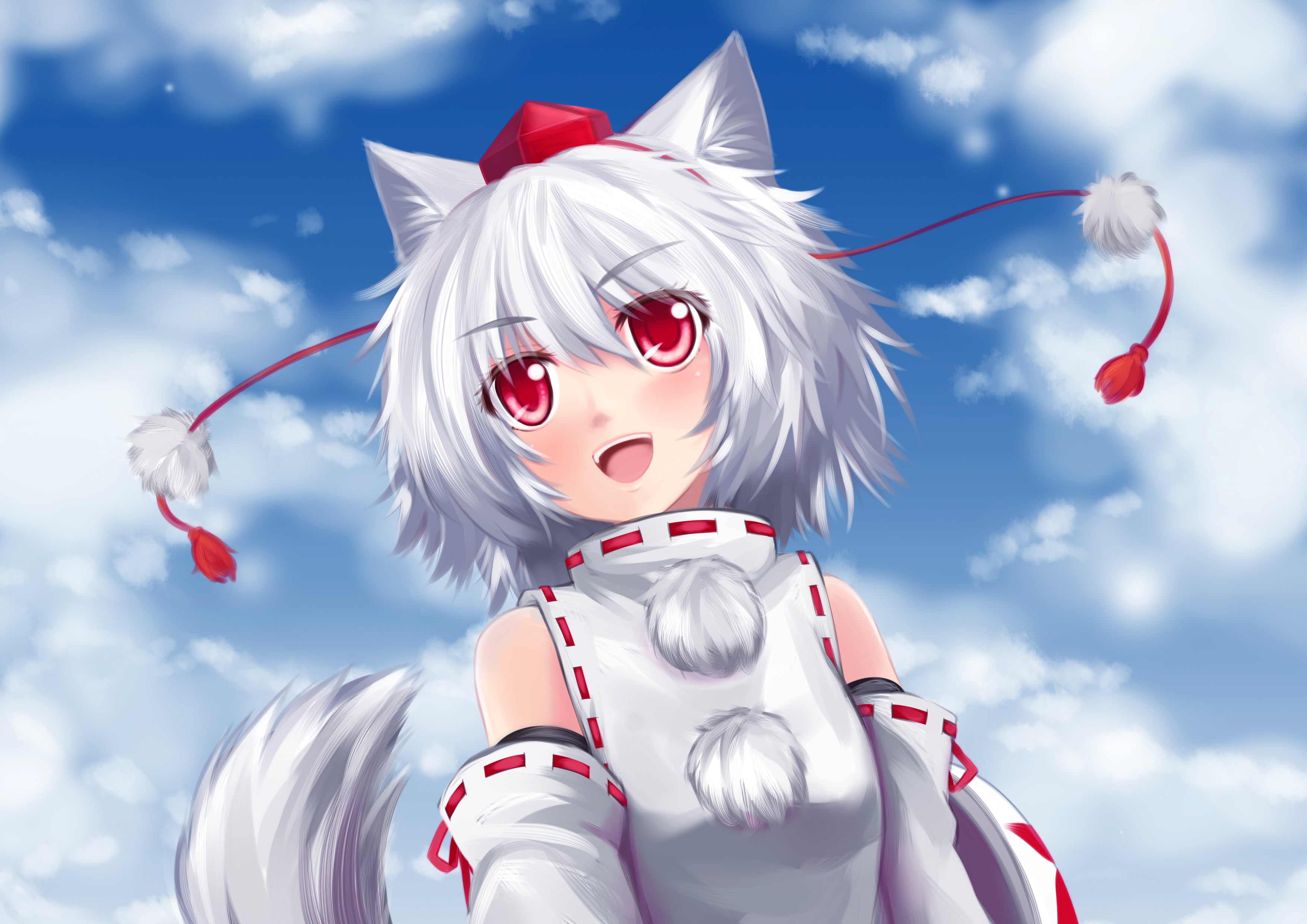 inubashiri momiji, lifestyles, costume, one Person, beautiful, red, blue, haired, flying, girls, smiling, cheerful, headshot, cute, representation, nature, HD Wallpaper