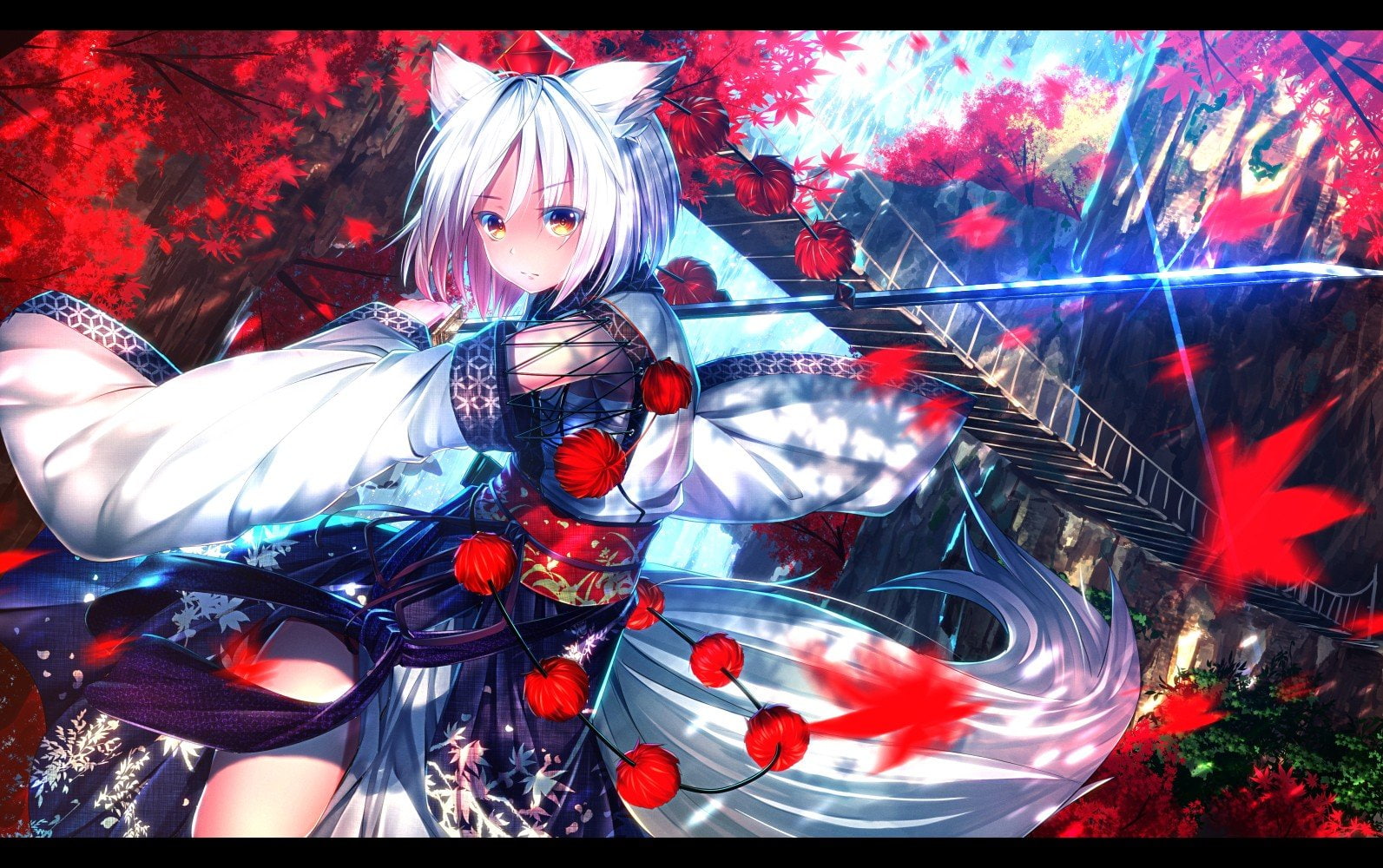 720P, Katana, touhou, anime, Anime Girls, Inubashiri Momiji, White Hair, HD Wallpaper