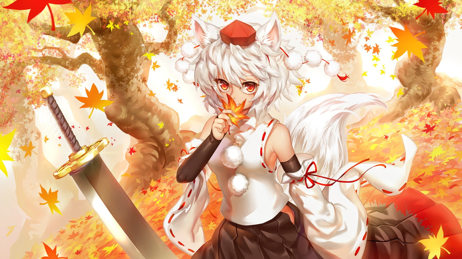 white hair, anime girls, tail, red eyes, 1080P, Inubashiri Momiji, Touhou, Okamimimi, animal ears, detached sleeves, anime, HD Wallpaper