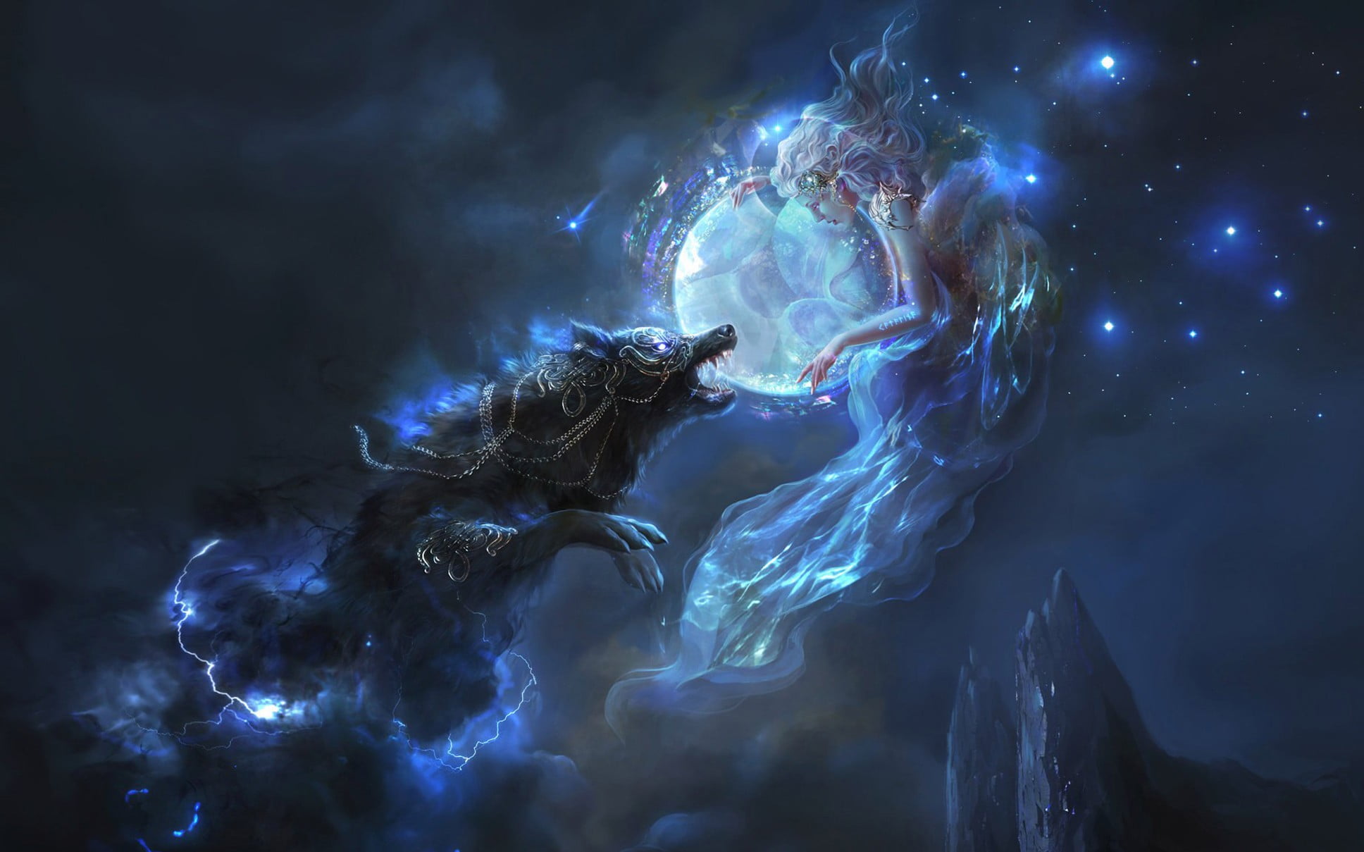 wolf, sea, sky, fantasy art, glowing, 1080P, creativity, smoke - physical structure, artwork, power in nature, outdoors, digital composite, art and craft, HD Wallpaper