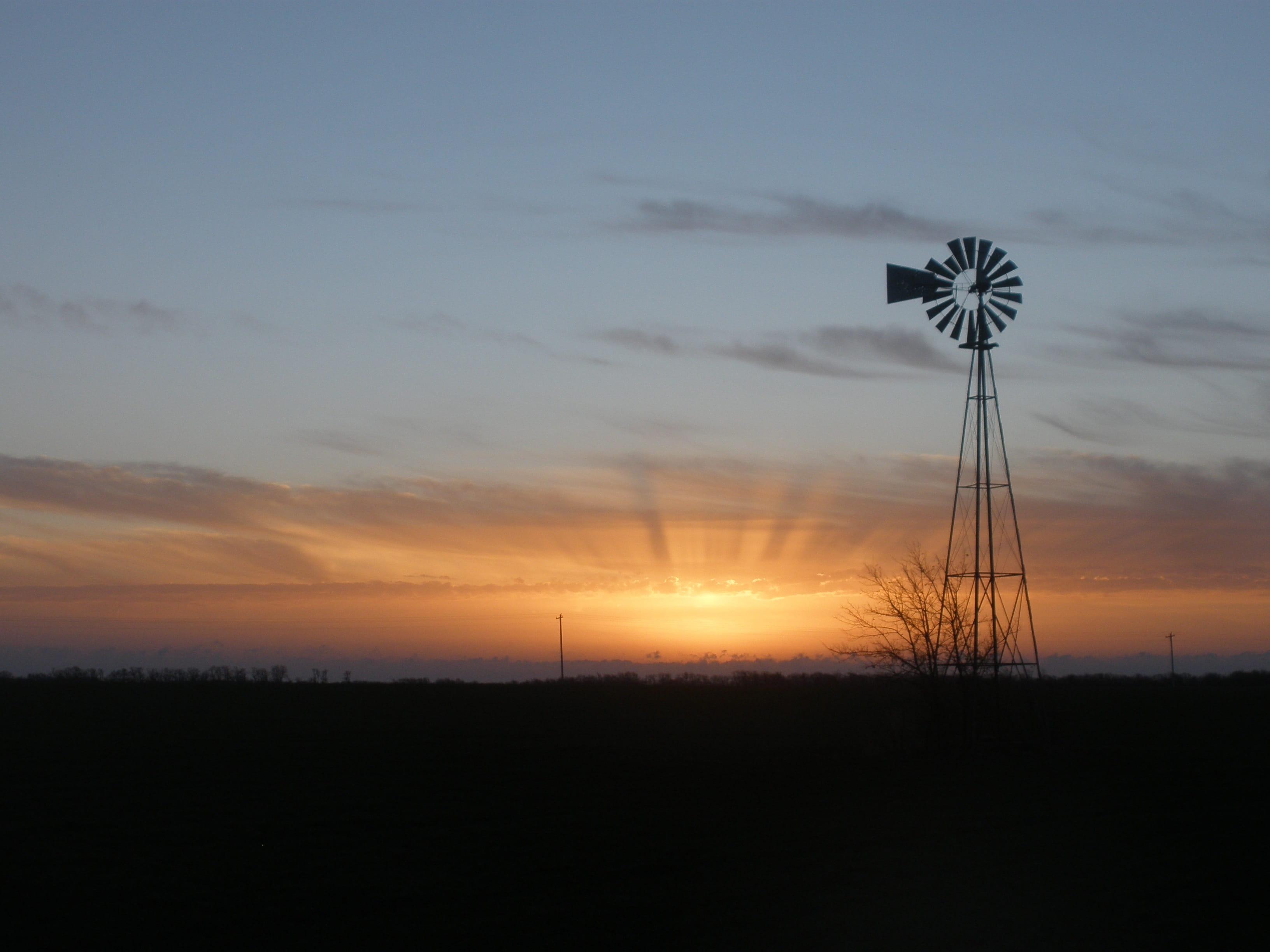 sky, silhouette, field, Windmill, Sunrise, no people, 2K, scenics - nature, farm, rural, outdoors, wind power, environmental conservation, alternative energy, HD Wallpaper