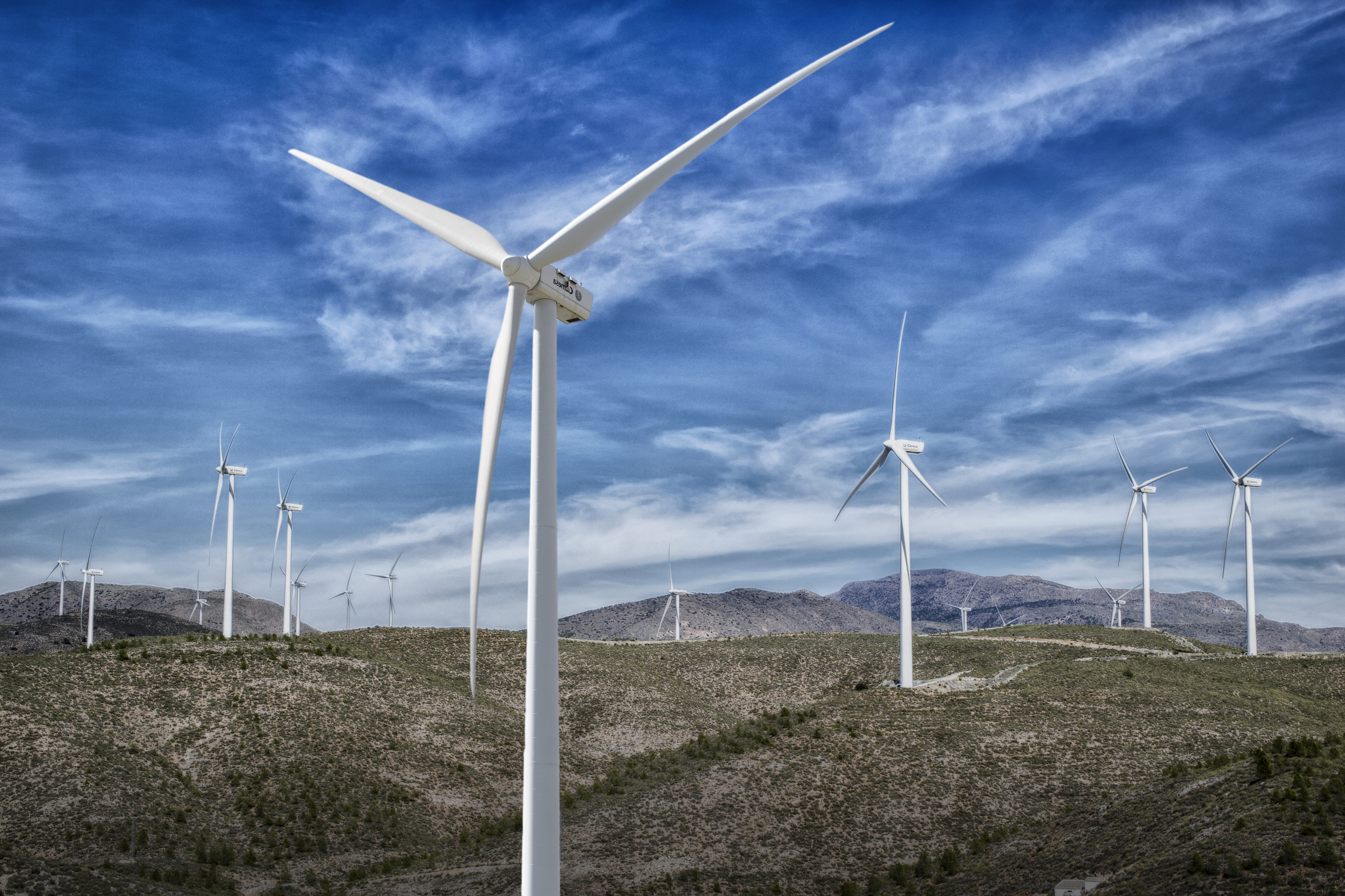 wind power, environmental conservation, land, outdoors, field, cloud - sky, wind, spain, turbine, environment, renewable energy, almeria, 5K, landscape, HD Wallpaper