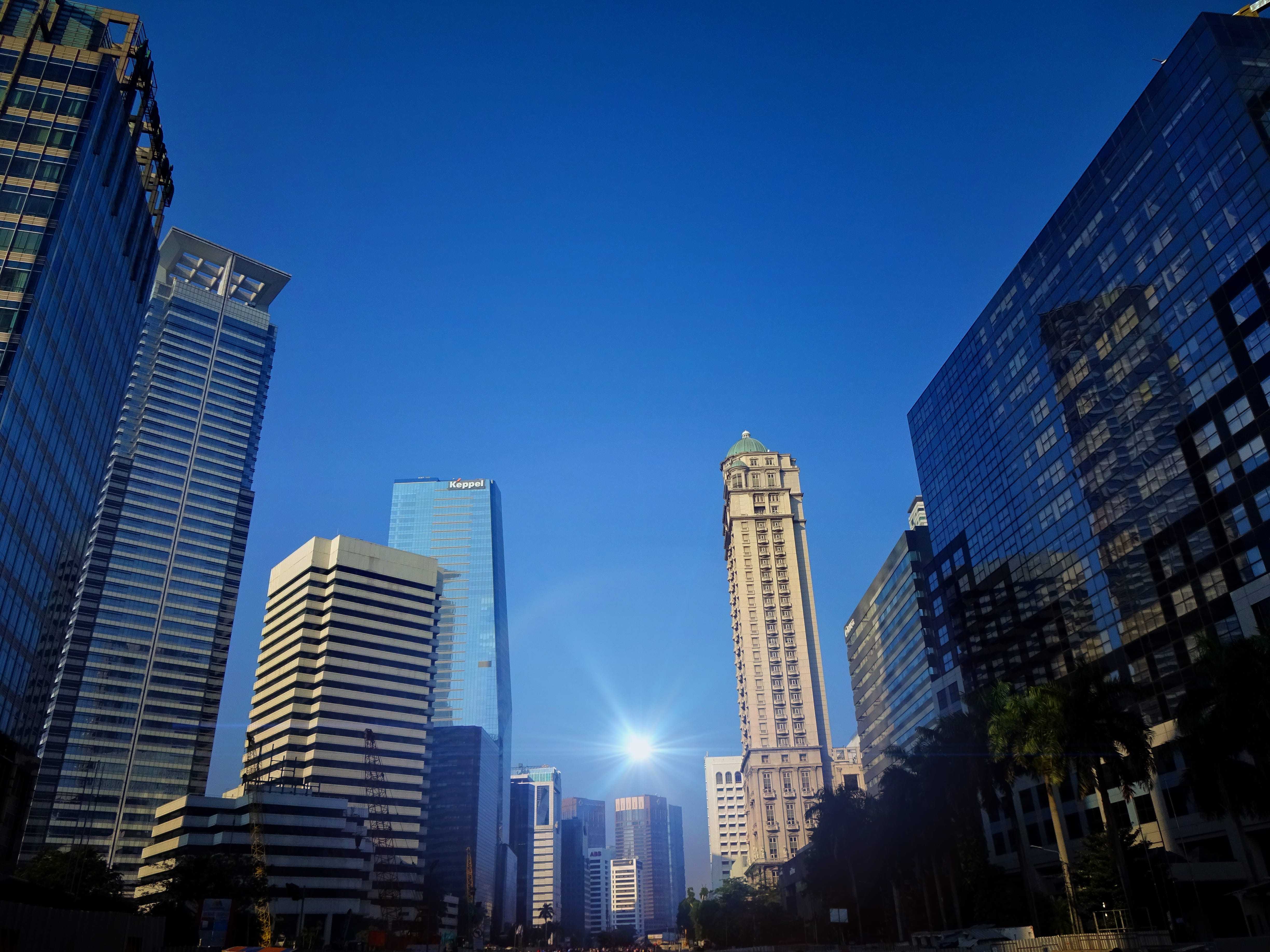 architecture, beauty, office building exterior, city, panorama, landscape, modern, glass, happy, urban skyline, blue, car  day, warm, central jakarta, financial district, HD Wallpaper