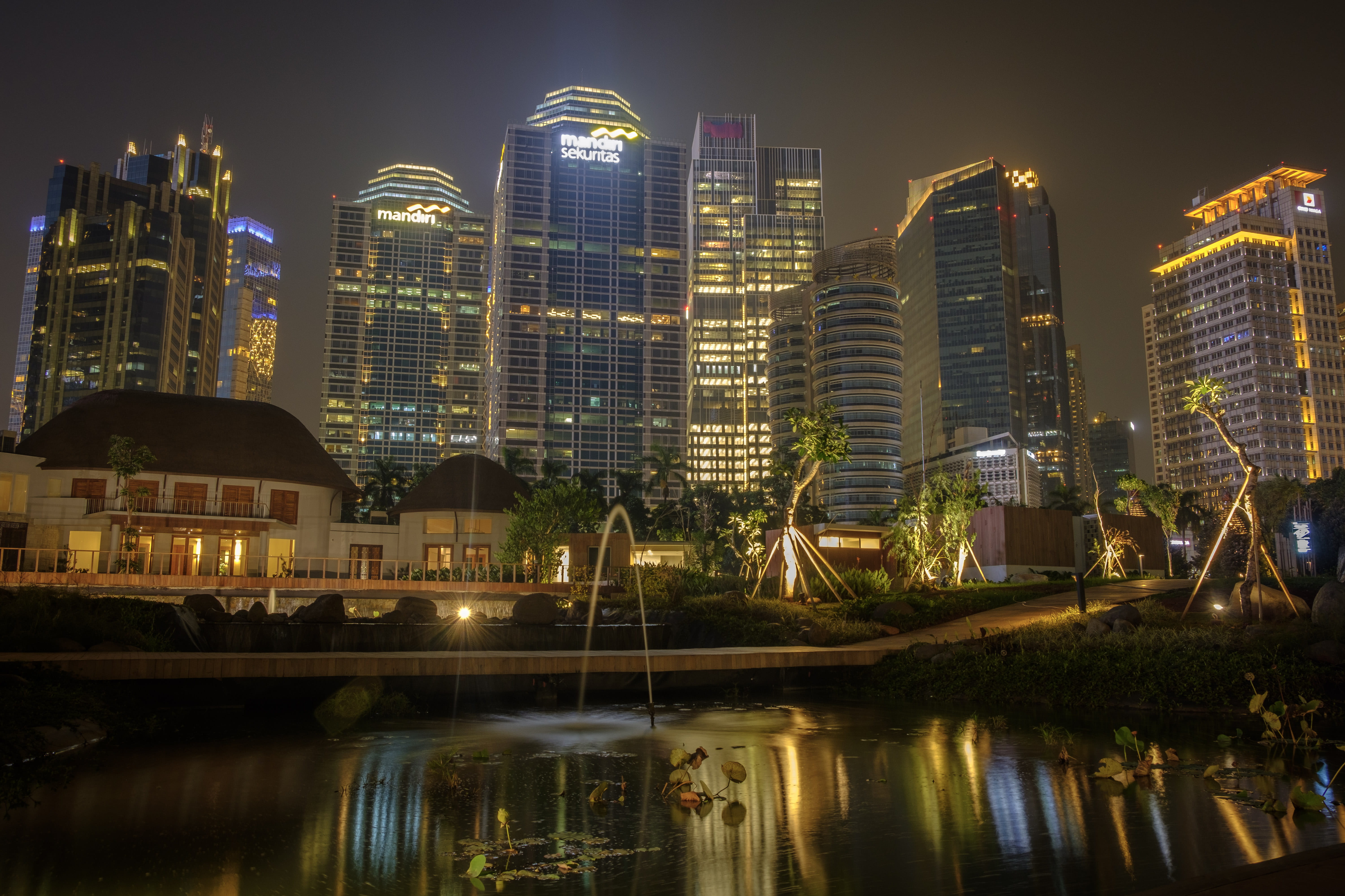 skyscraper, city, tall - high, waterfront, scbd jakarta, sky, reflection, cityscape, river, beautiful, built structure, water, colorful, office building exterior, HD Wallpaper