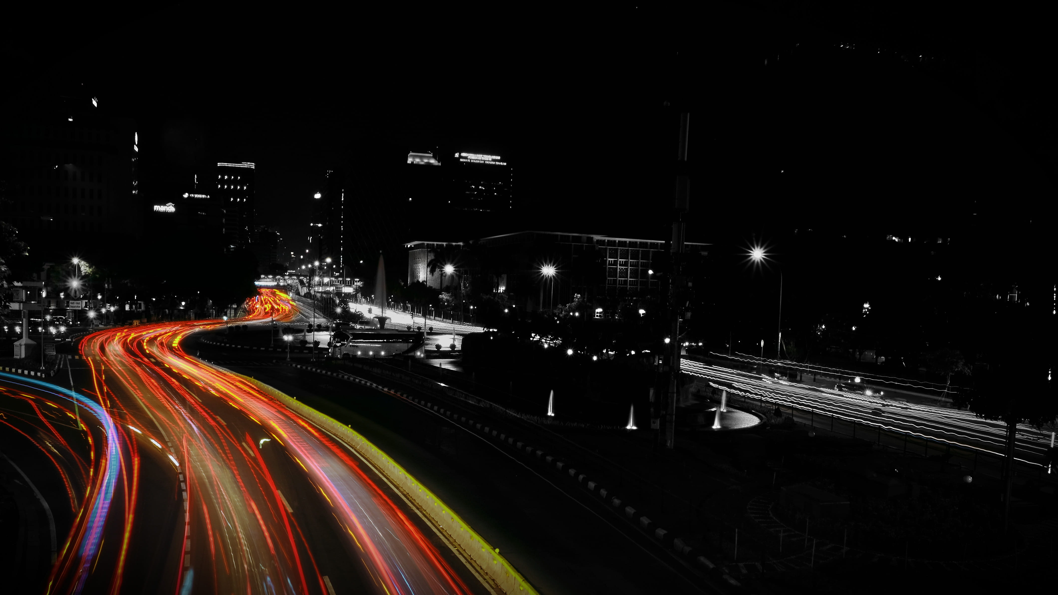no people, cityscape, central jakarta city, transportation, office building exterior, illuminated, outdoors, motion, highway, architecture, long exposure, HD Wallpaper