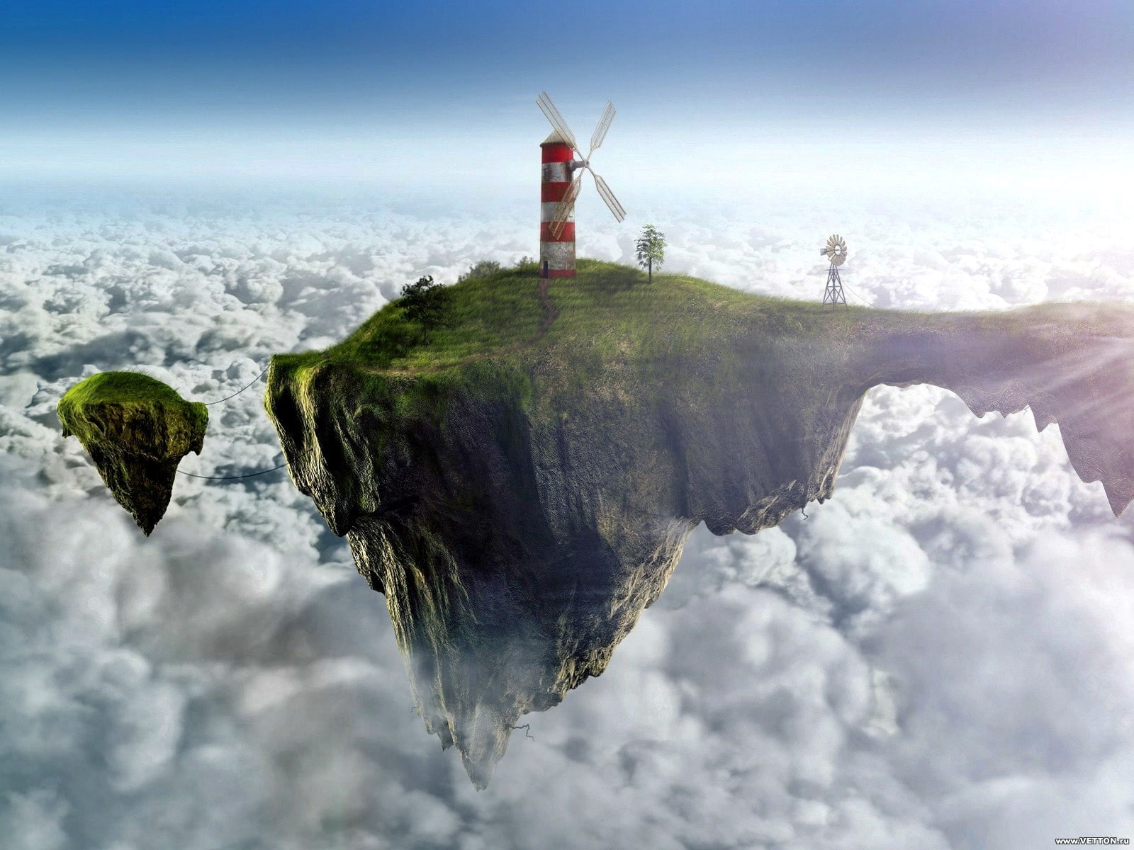hilltop, day, daytime, travel, building, clouds, tower, lighthouse, white, outdoors, cloud - sky, digital art, scenics - nature, guidance, island, built structure, HD Wallpaper