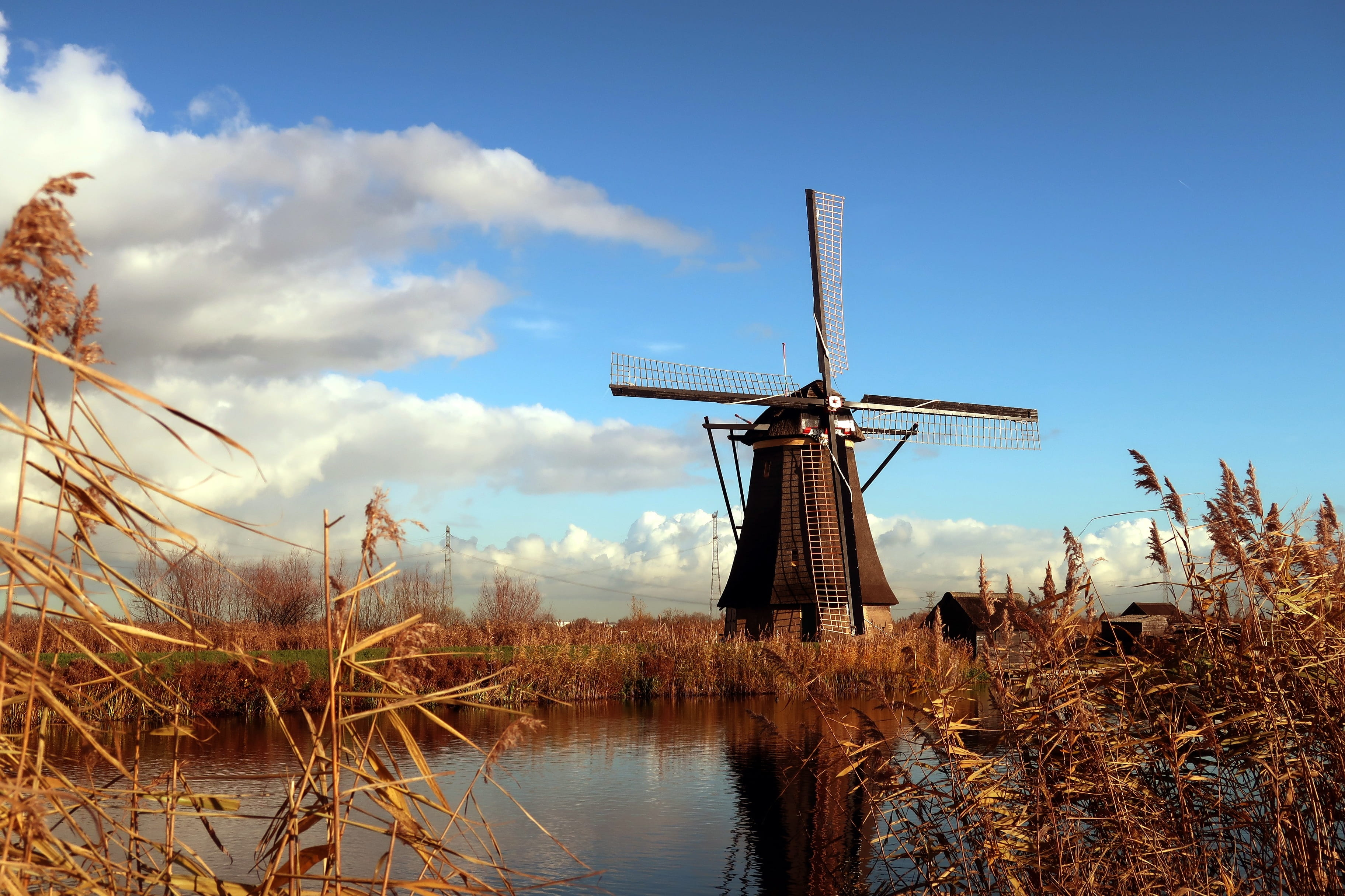 no people, water, holland, day, field, wicks, outdoors, tourism, cloud - sky, mills, wind mill, nature, traditional windmill, sky, fuel and power generation, HD Wallpaper
