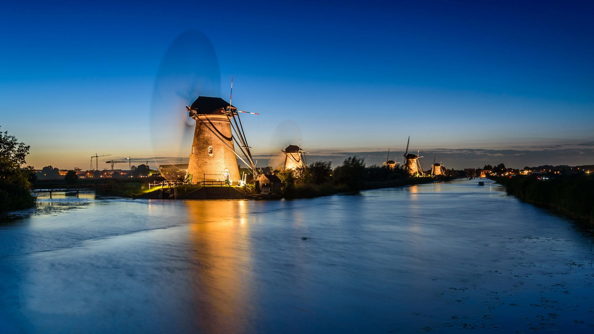 night, Netherlands, 1080P, Kinderdijk, lights, windmill, channel, HD Wallpaper
