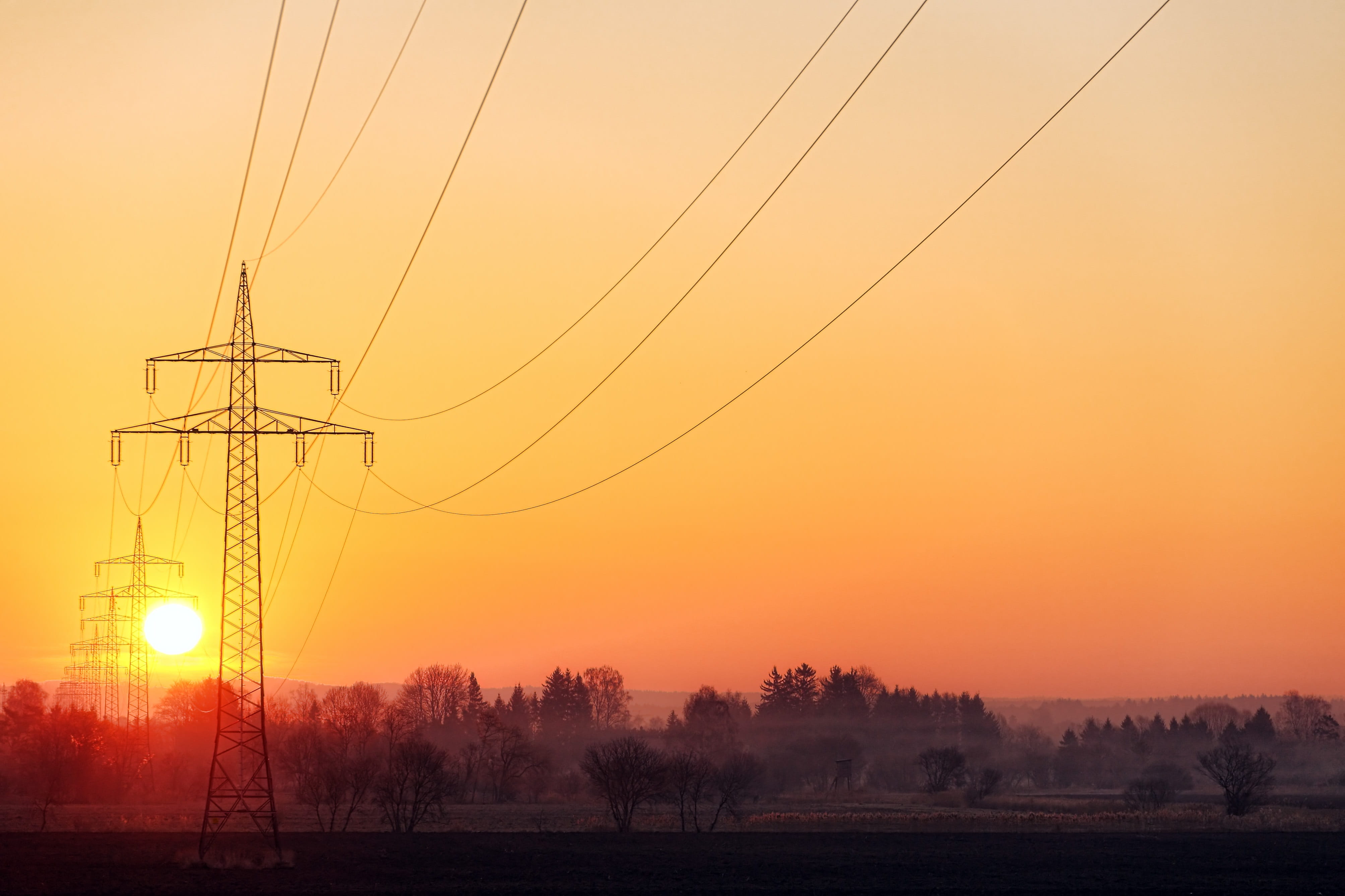 line, mast, post, electricity pylon, tree, environment, cable, electric, silhouette, sky, sun, landscape, electricity, no people, afterglow, fuel and power generation, HD Wallpaper