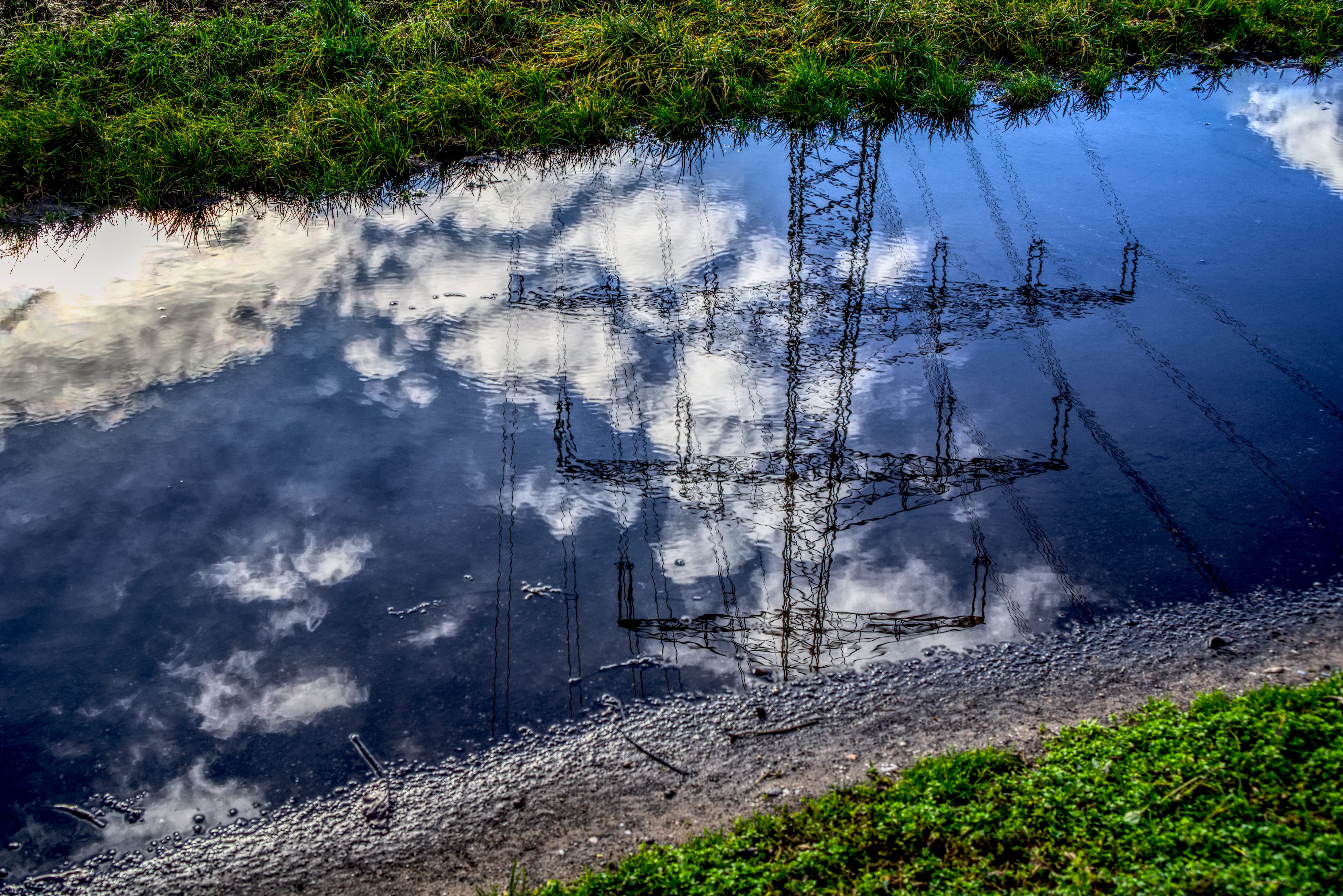 non-urban scene, puddle, high dynamic range, contrast, reinforce, power supply, hdr, clouds, day, 5K, electricity, power lines, nature, mirroring, sunlight, HD Wallpaper