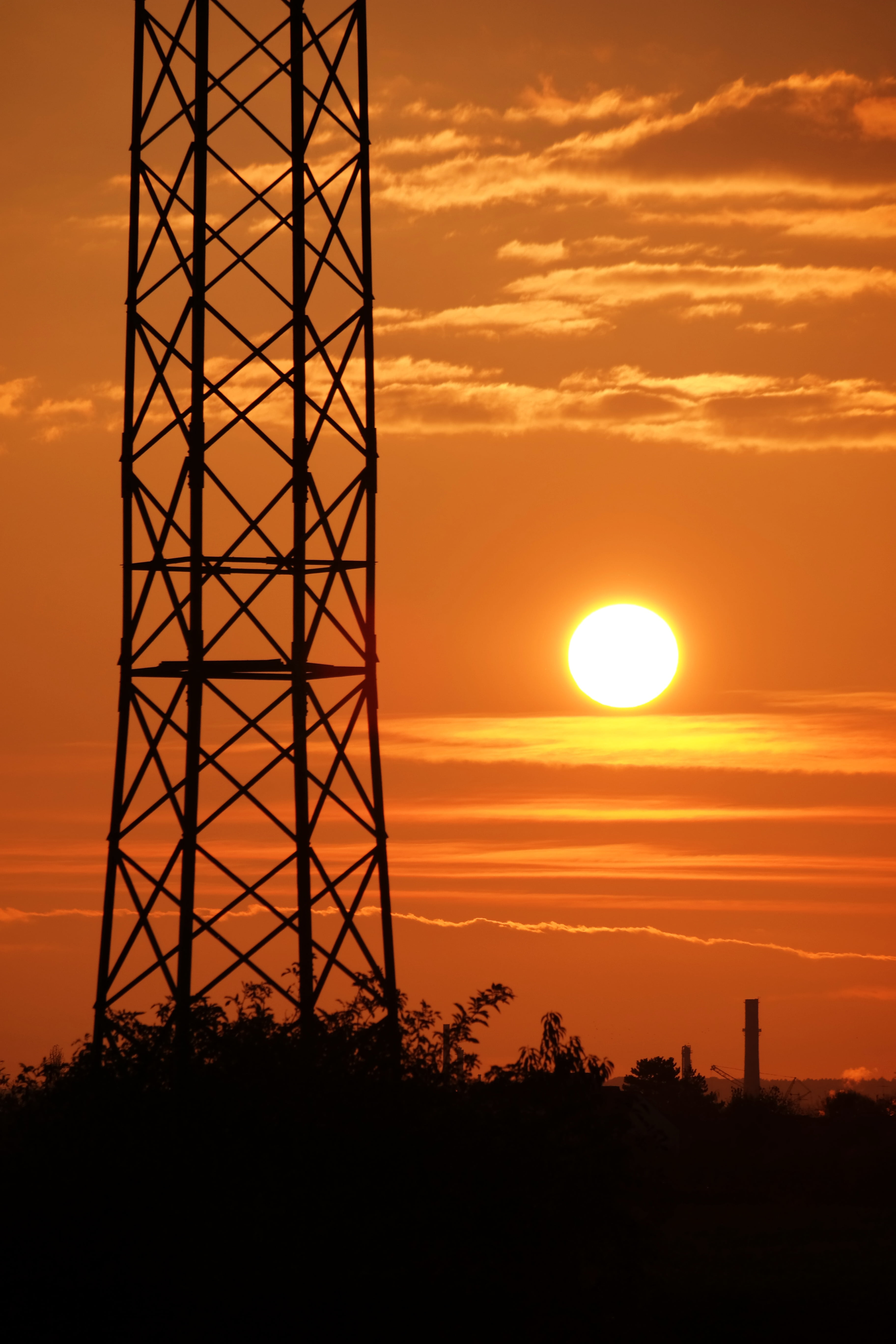 nature, rays, orange color, electricity, beauty in nature, power supply, tree, evening, technology, energy, evening sky, power line, alloy, scenics - nature, Phone HD Wallpaper