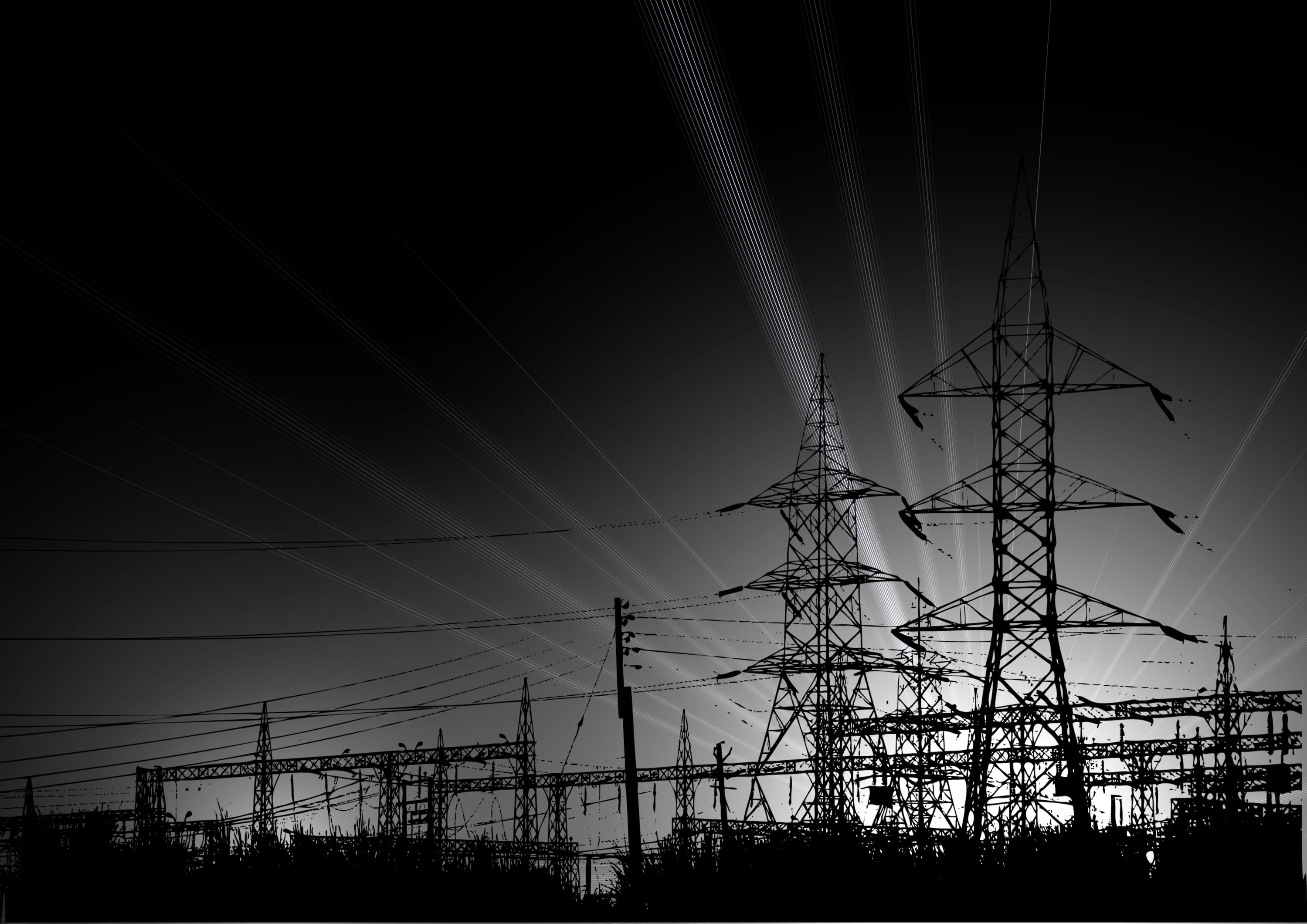 complexity, outdoors, sky, no people, 2K, silhouette, painting, power supply, fuel and power generation, strommast, upper lines, power line, cable, tall - high, HD Wallpaper