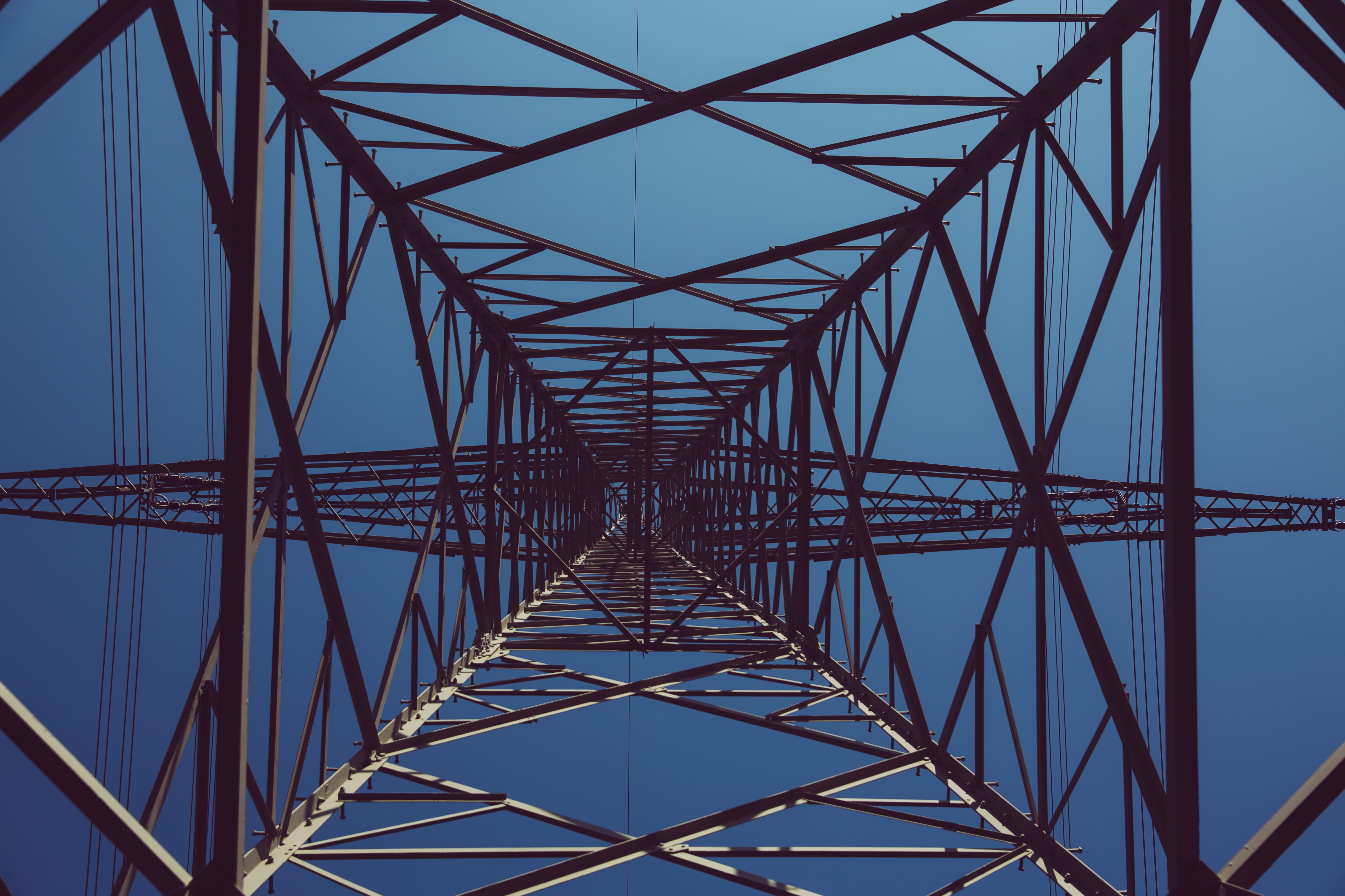clear sky, directly below, bridge, transmission, grid, low, pylon, nature, power line, black, line, alloy, building, 5K, power, built structure, ornament, HD Wallpaper