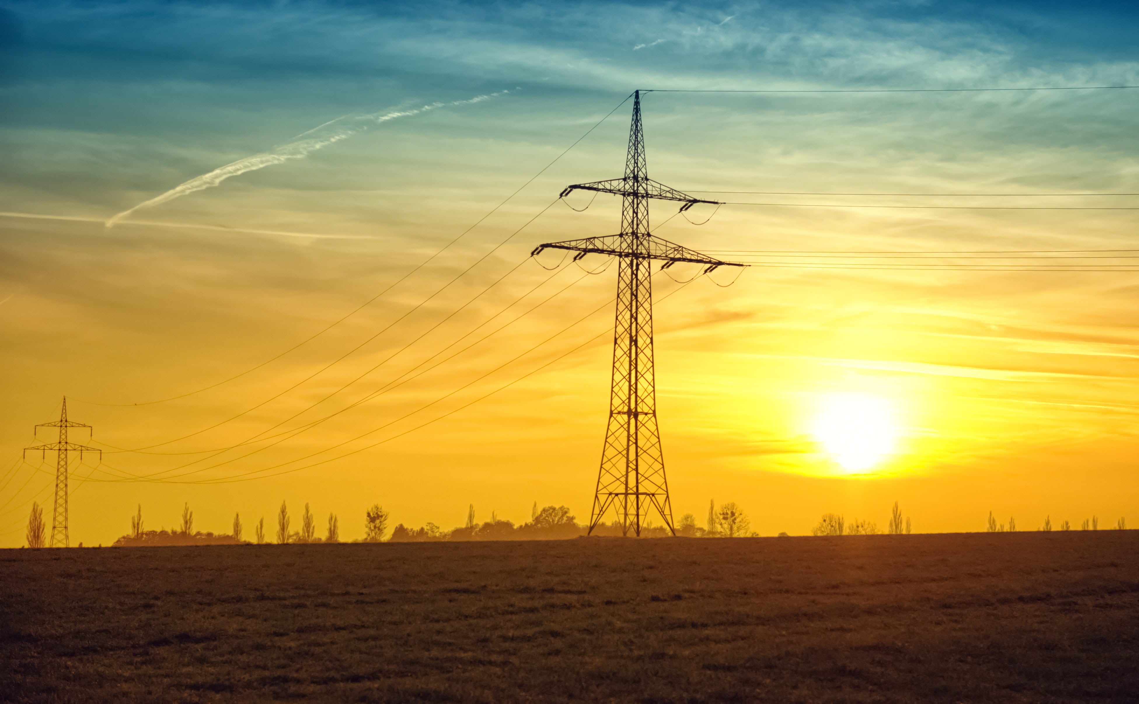 sky, energy, field, technology, transmission, power, electricity, abendstimmung, strommast, dusk, cable, industry, evening, evening sky, sun, fuel and Power Generation, HD Wallpaper