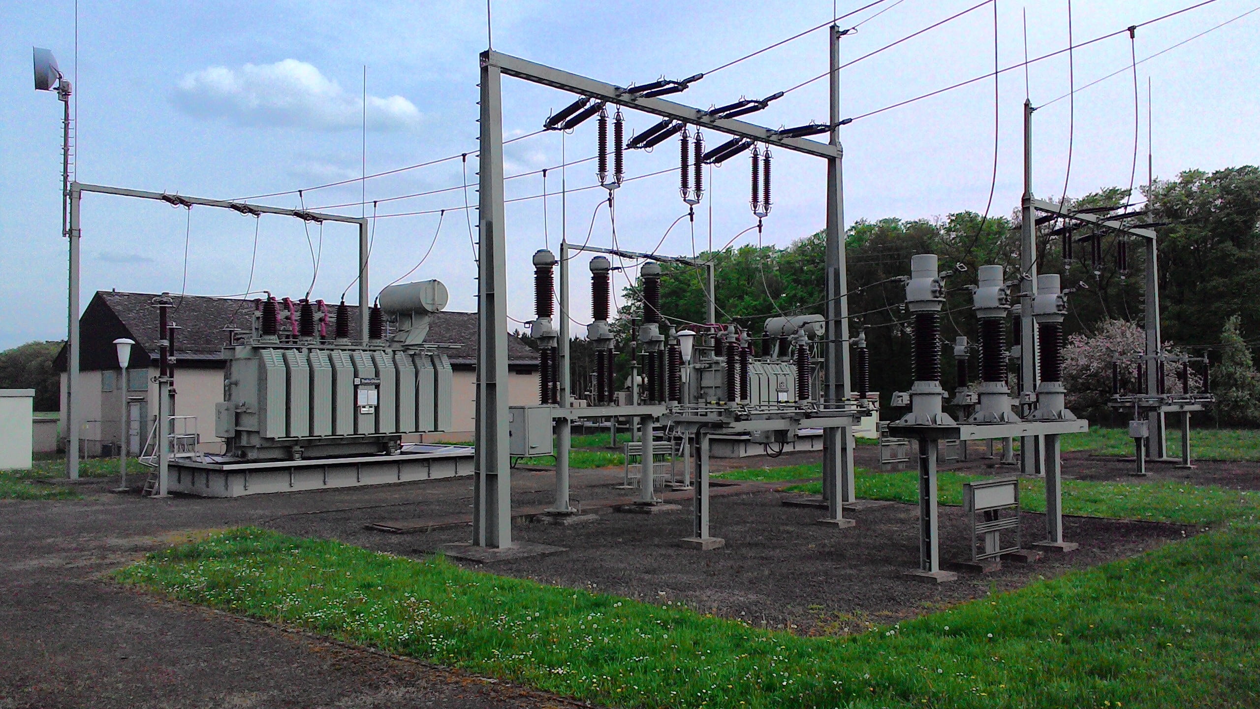 nature, energy, current, boundary, tree, substation, plant, power line, sky, cable, building exterior, line, field, outdoors, built structure, land, grass, HD Wallpaper