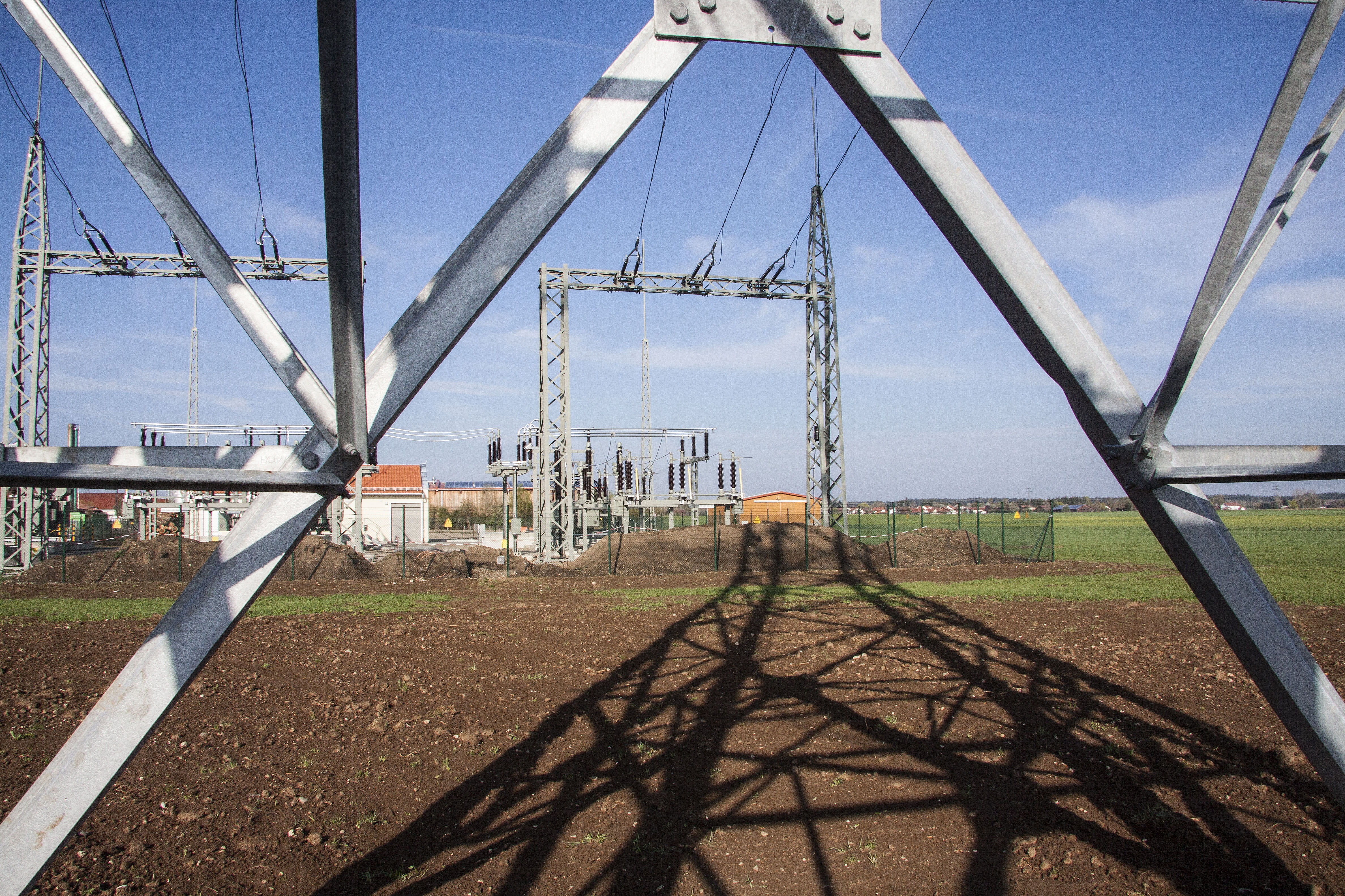 shadow, sunlight, no people, pylon, substation, cable, playground, fuel and power generation, outdoors, field, land, strommast, power supply, connection, HD Wallpaper