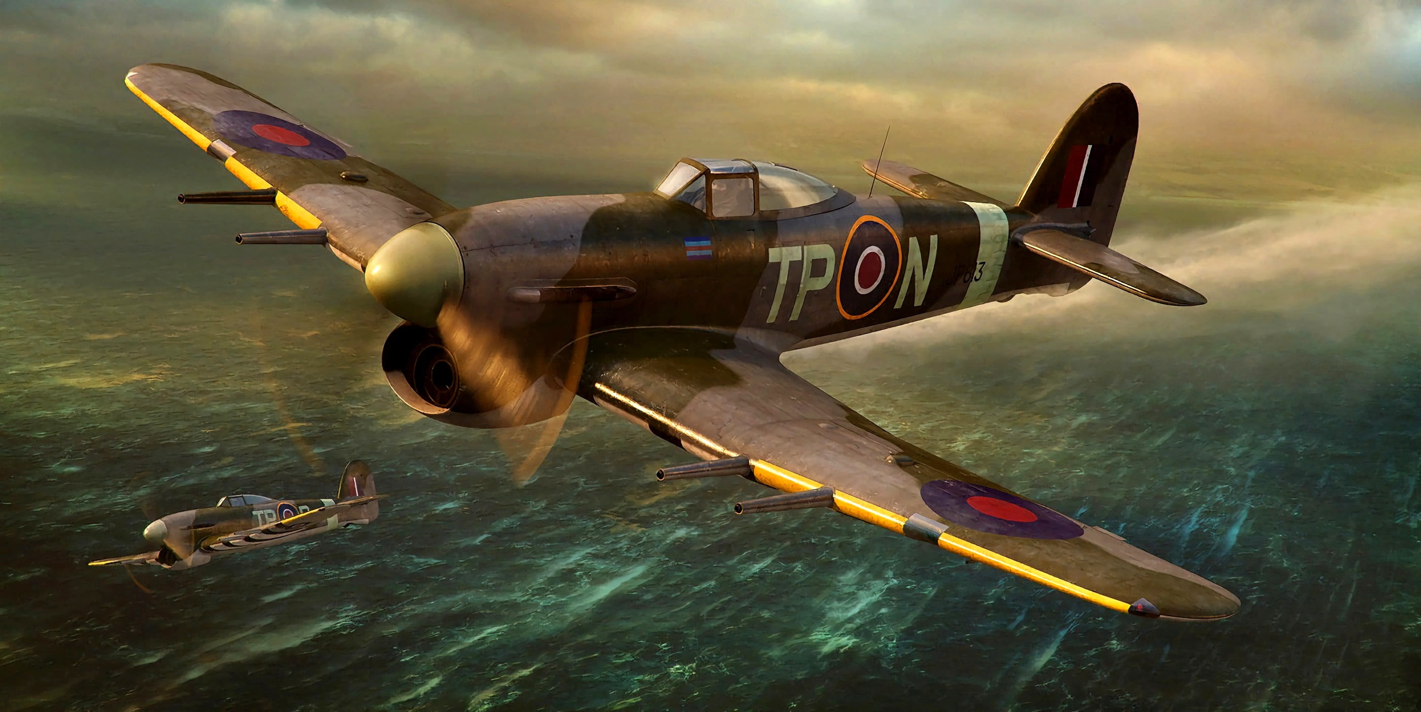 Mk.IB, Typhoon, artwork, Royal Air Force, British, Hawker, WWII, 2K, piston, fighter-bomber, HD Wallpaper