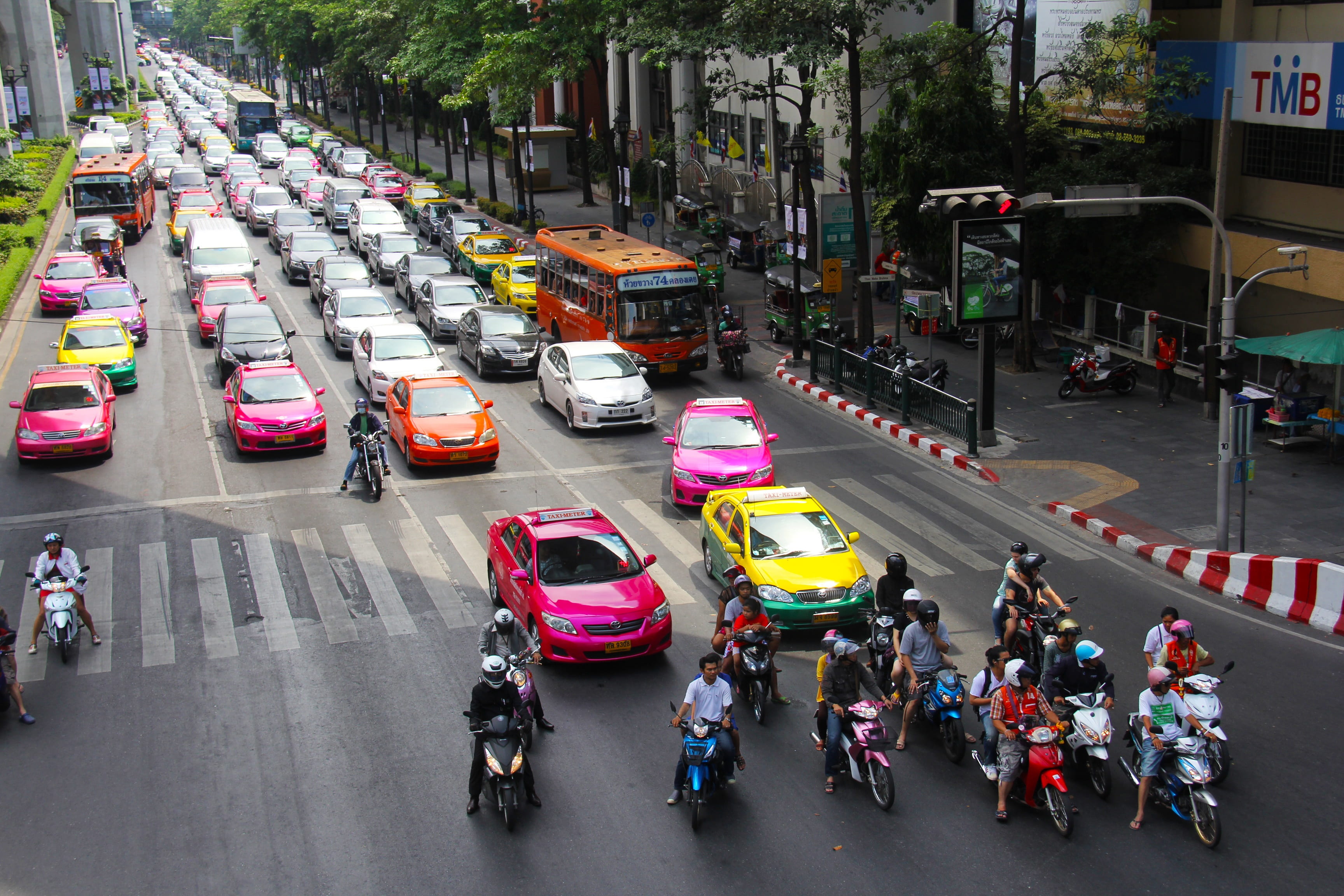 yellow, motorist, thailand, aerial, street, cars, assorted, tourist, colorful, crash helmet, 2K, real people, crowd, mode of transportation, traffic, city street, HD Wallpaper