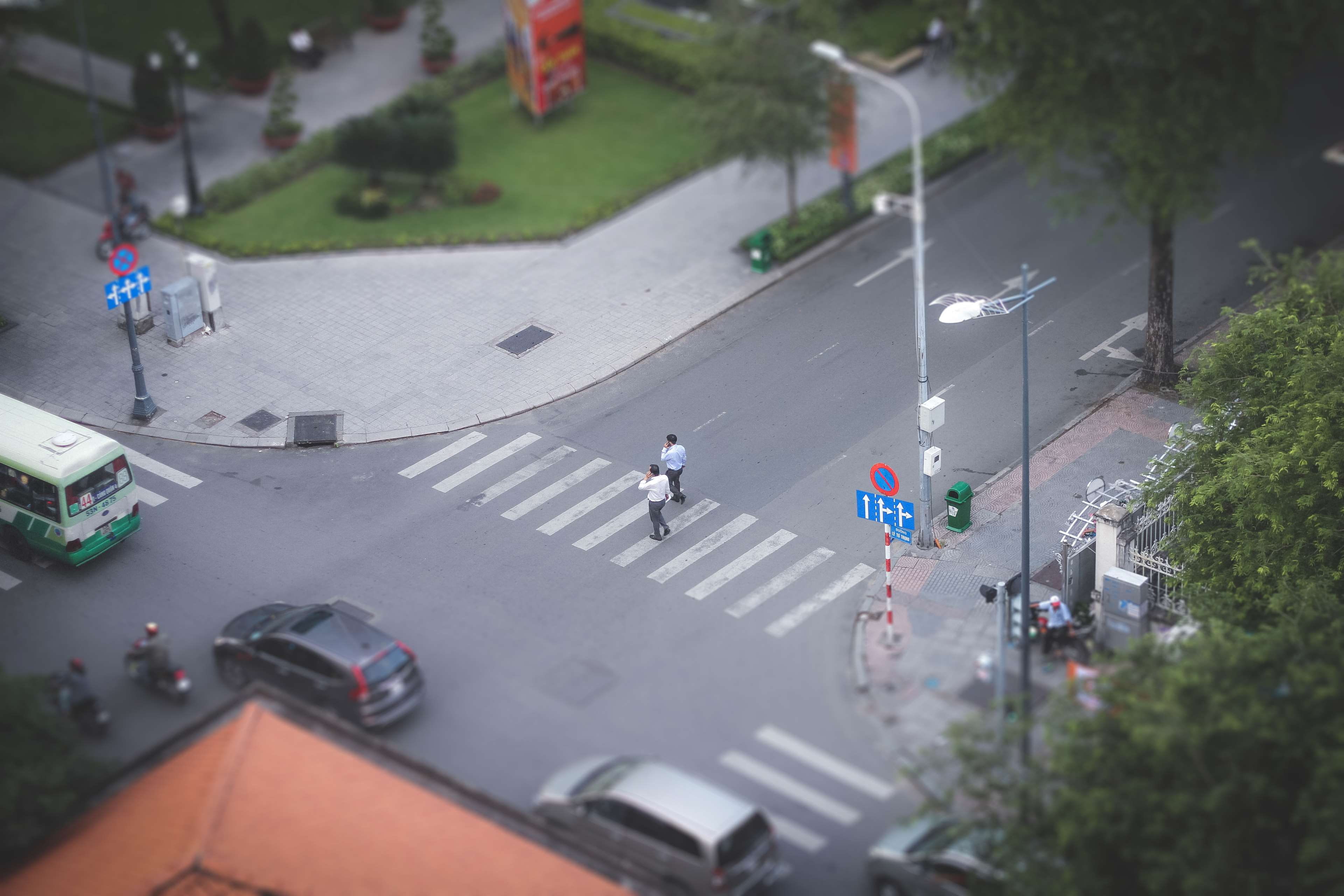 high angle shot, car, marking, street, pedestrian, signage, blur, daylight, mode of transportation, architecture, zebra crossing, high angle view, landscape, HD Wallpaper