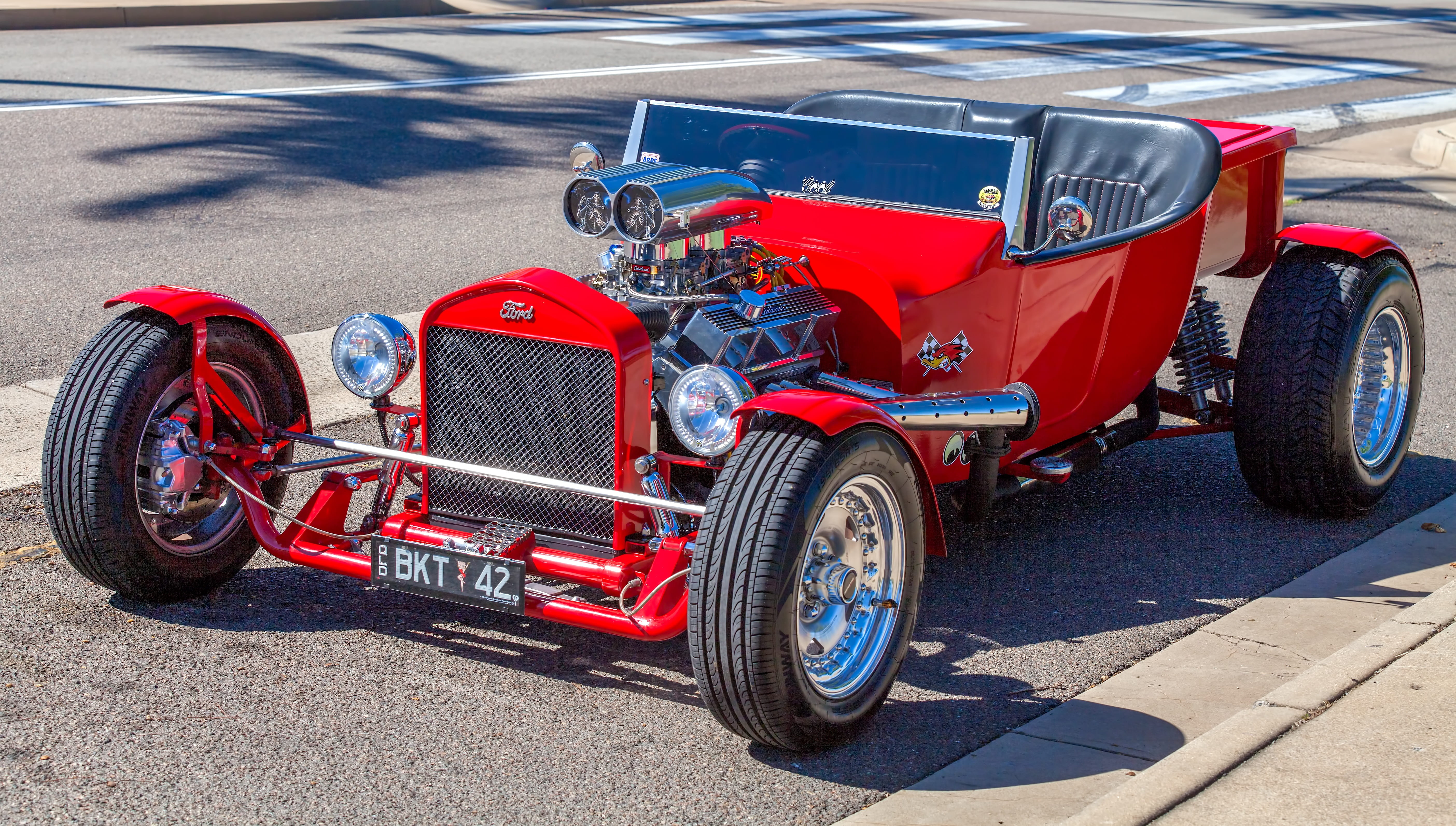 red, 5K, day, mode of transportation, street, drive, driving, custom car, motor vehicle, vintage car, chevy engine, sports race, v8 modified, retro styled, HD Wallpaper
