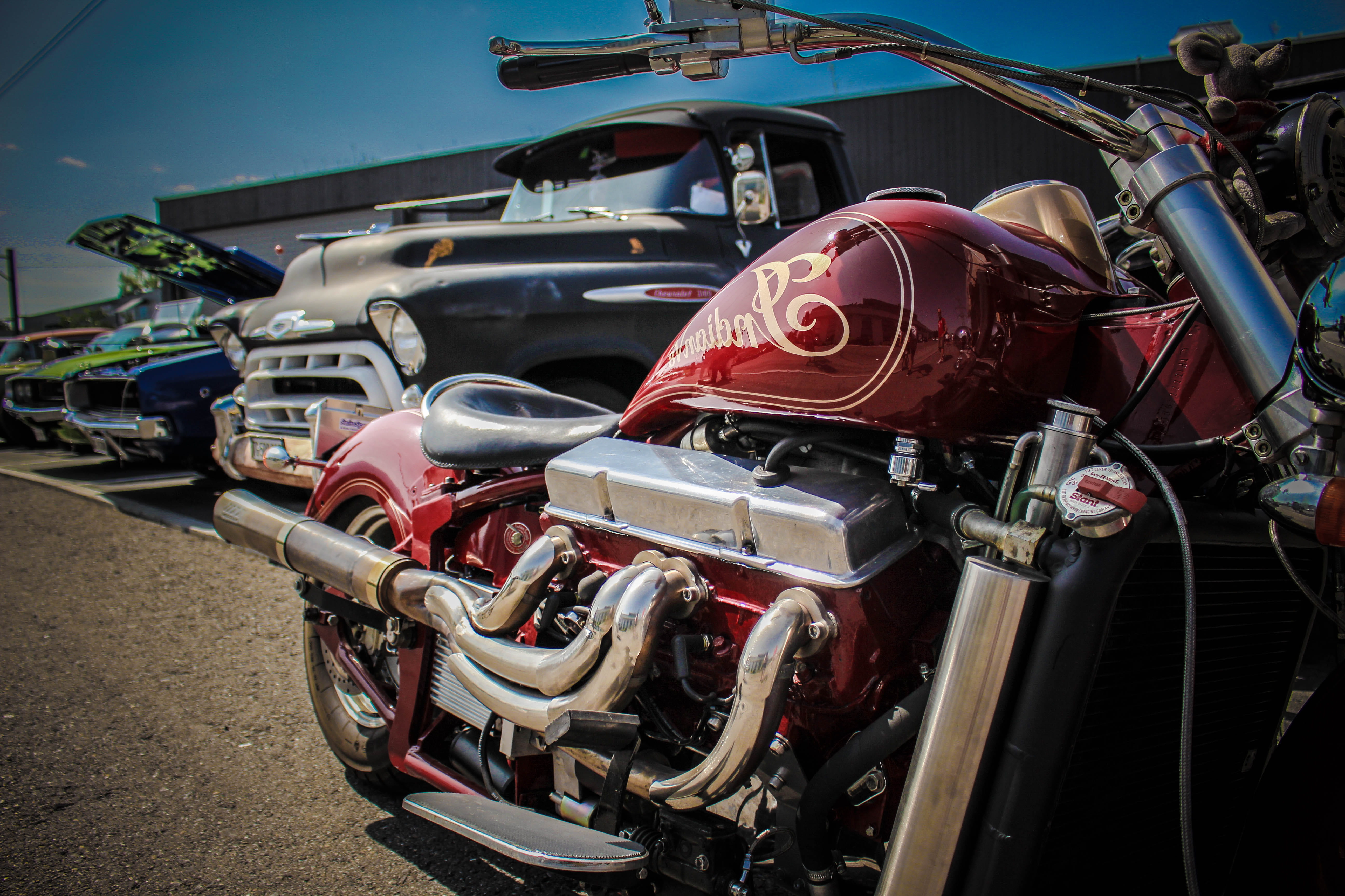 engine, faded, hot rod, v8, bigblock, vintage car, automobile industry, bike, v8 bike, 1970, hotrod, stationary, land vehicle, retro styled, uscar meet, HD Wallpaper