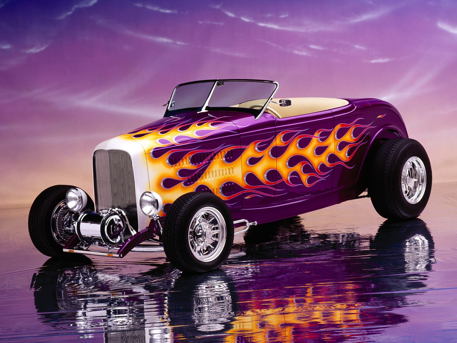 rod, boy, flames, ford, hot, hi, car, roadster, 720P, white, orange, purple, HD Wallpaper