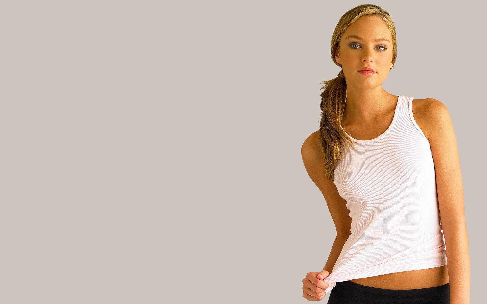 tops, models, green, ponytails, tank, 1080P, candice, swanepoel, midriff, blue, women, eyes, exposed, blondes, HD Wallpaper