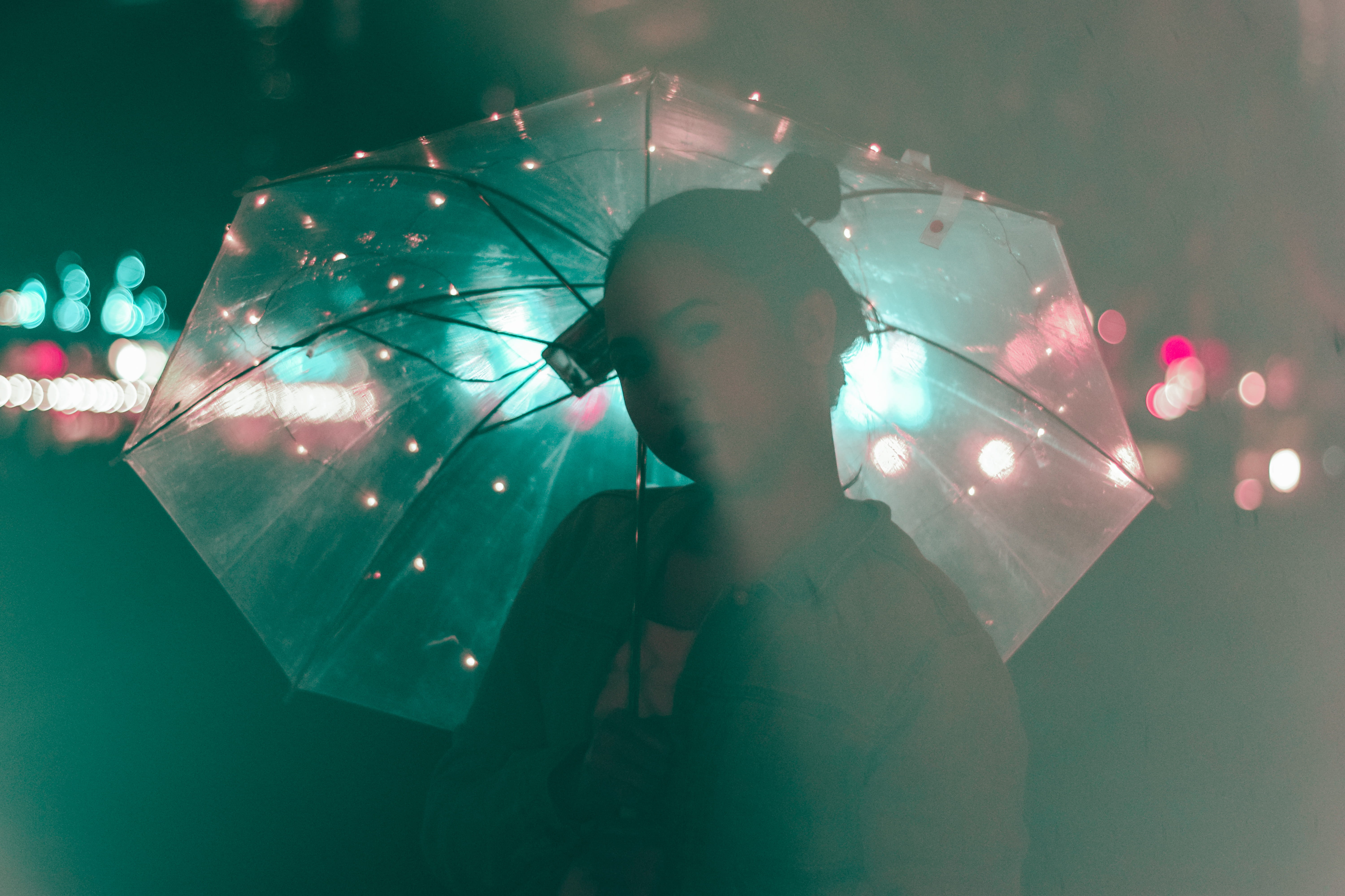 5K, front view, nightlife, buns, neon lights, arts culture and entertainment, motion, adult, umbrellas, illuminated, one person, girl in umbrella, outdoors, HD Wallpaper