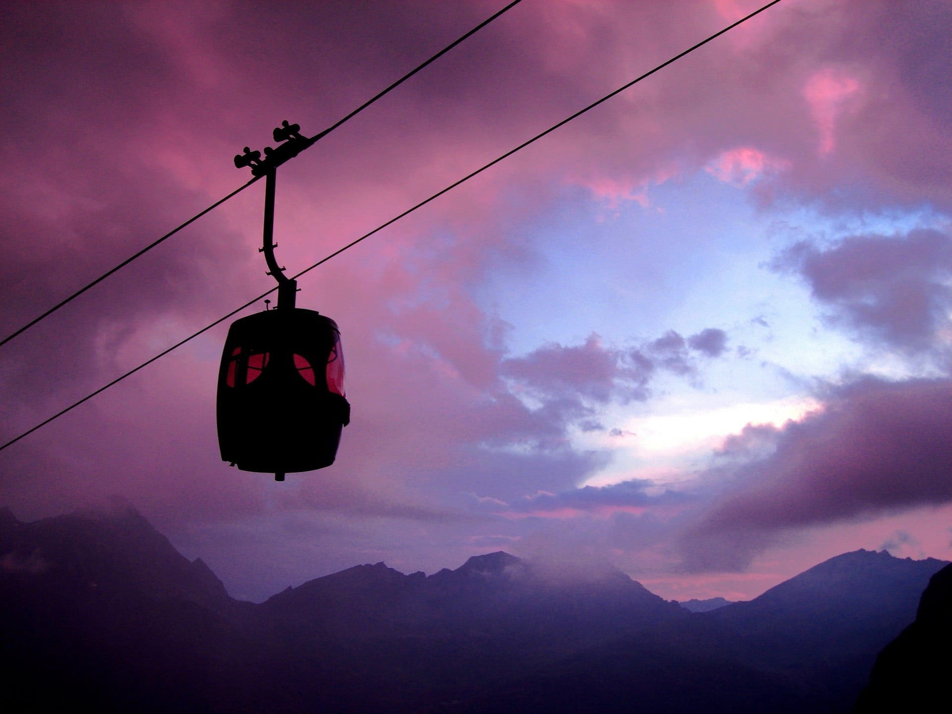 dusk, electricity, electric Lamp, car, scenics - nature, illuminated, lift, transportation, stoplight, mountain range, outdoors, hanging, low angle view, HD Wallpaper