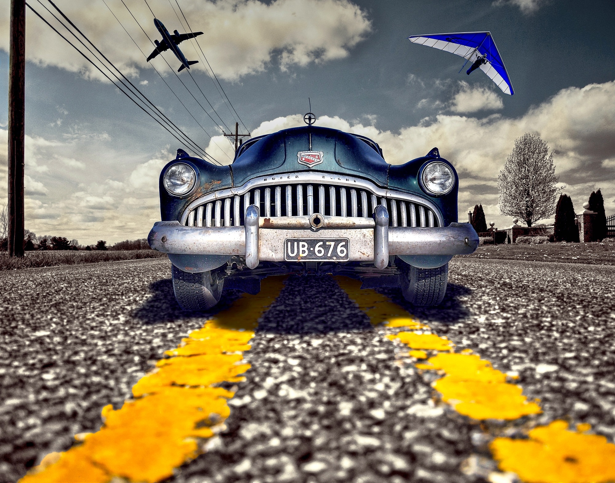 flight, street, outdoors, overhead cables, marking, transmission line, asphalt, travel, city, motor vehicle, no people, classic cars, overhead lines, plane, HD Wallpaper