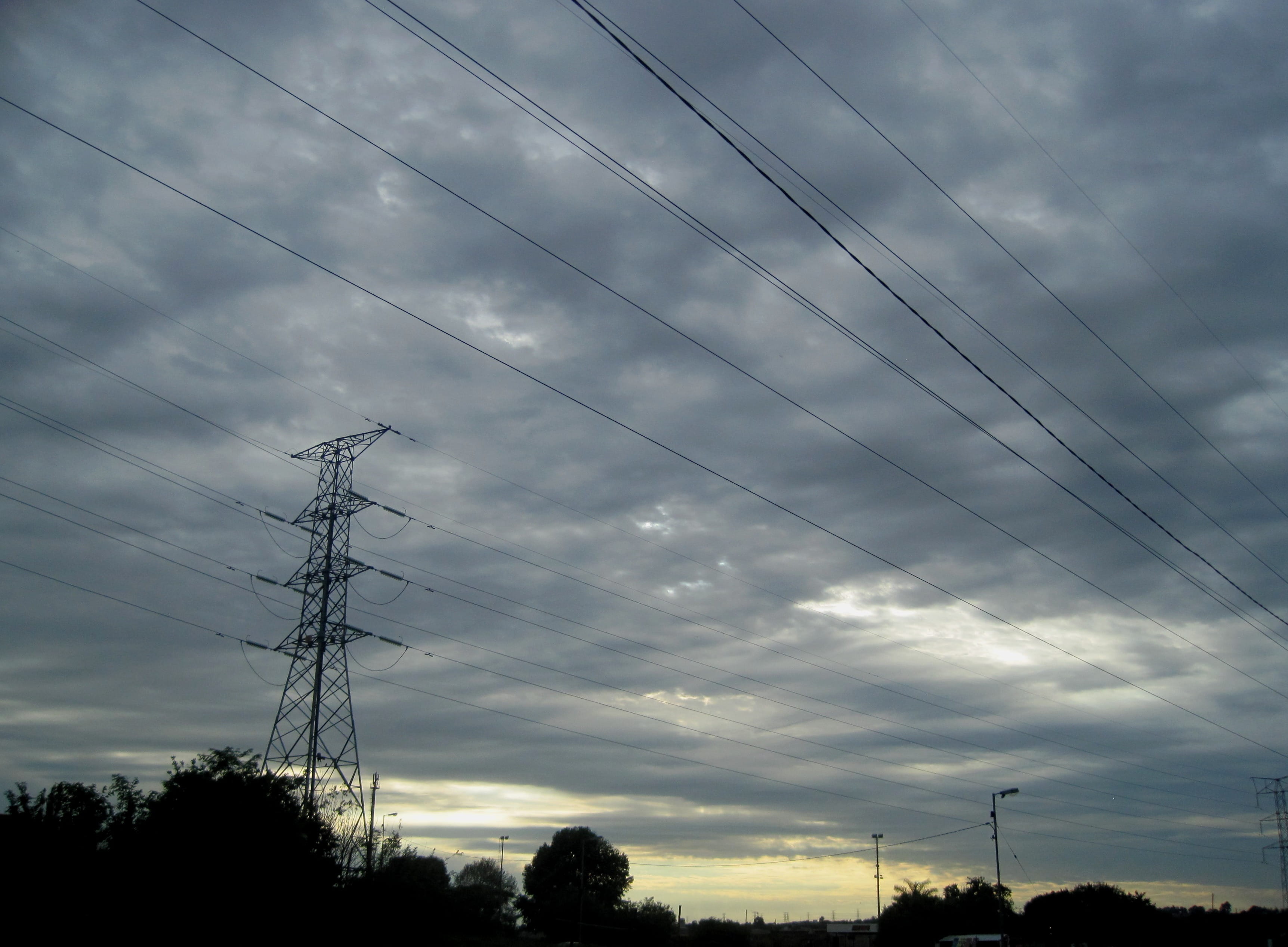 power Line, light break, Light, energy, tree, overhead cables, technology, blue, Low, communication, tower, dark, power supply, 2K, cloud - Sky, cable, HD Wallpaper