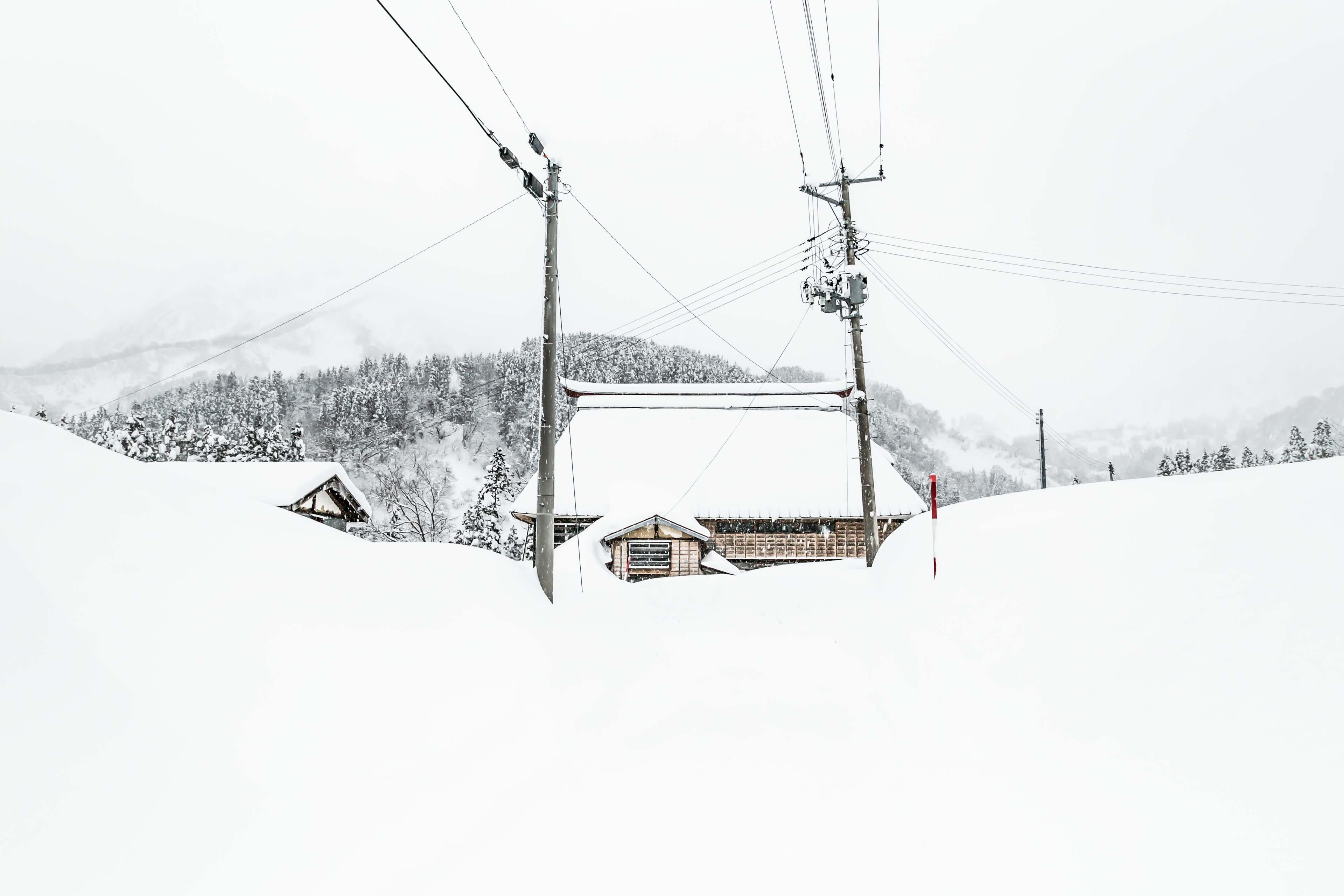 no people, house, outdoors, 1283 gamaike, snow, landscape, electric transmission tower, mountain, winter, electricity, covering, japan, connection, sky, HD Wallpaper