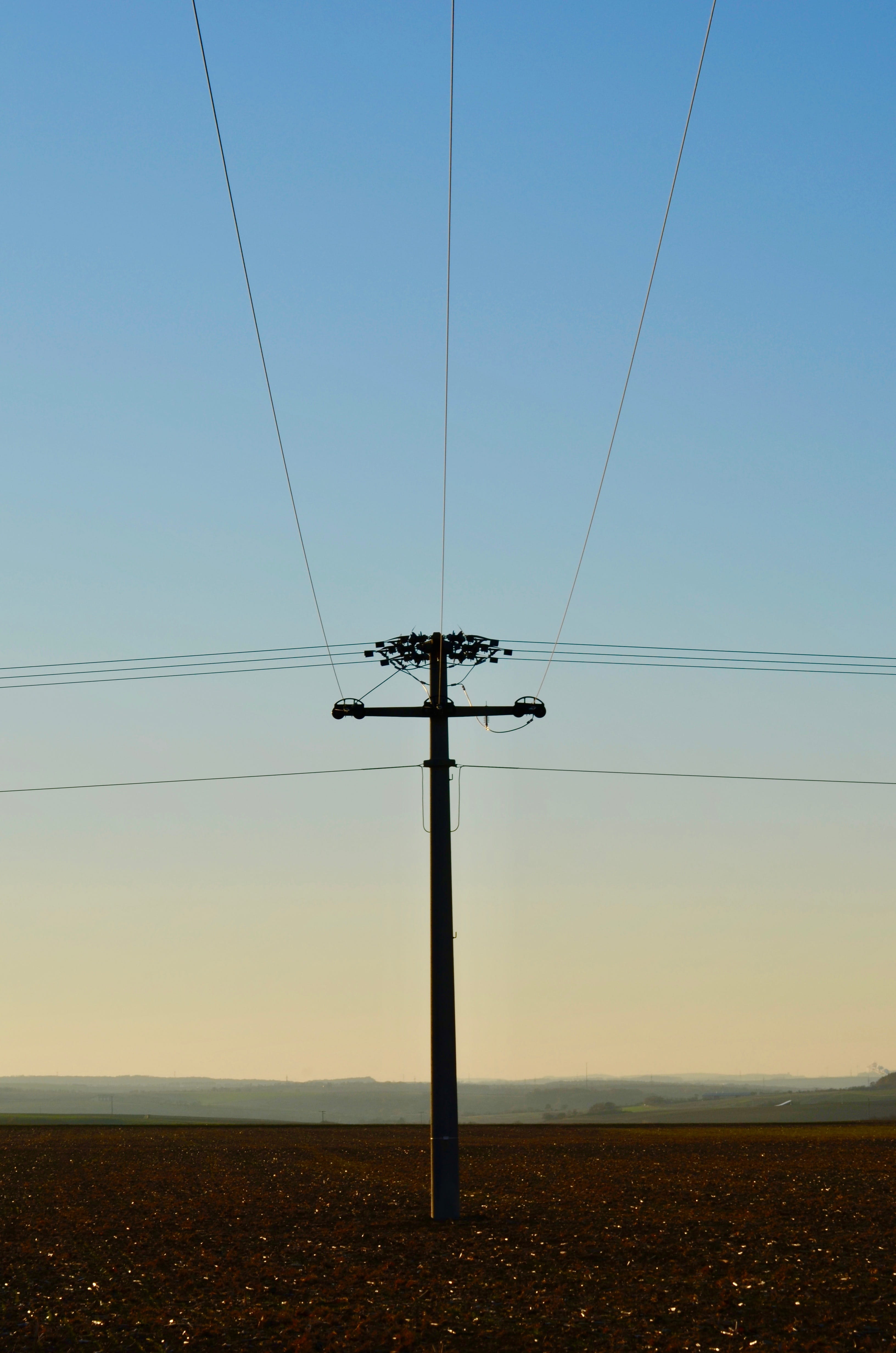 clear sky, no people, electricity pylon, sky, landscape, tranquil scene, telephone line, electrical equipment, pylon, reinforce, 4K, low angle view, field, Phone HD Wallpaper