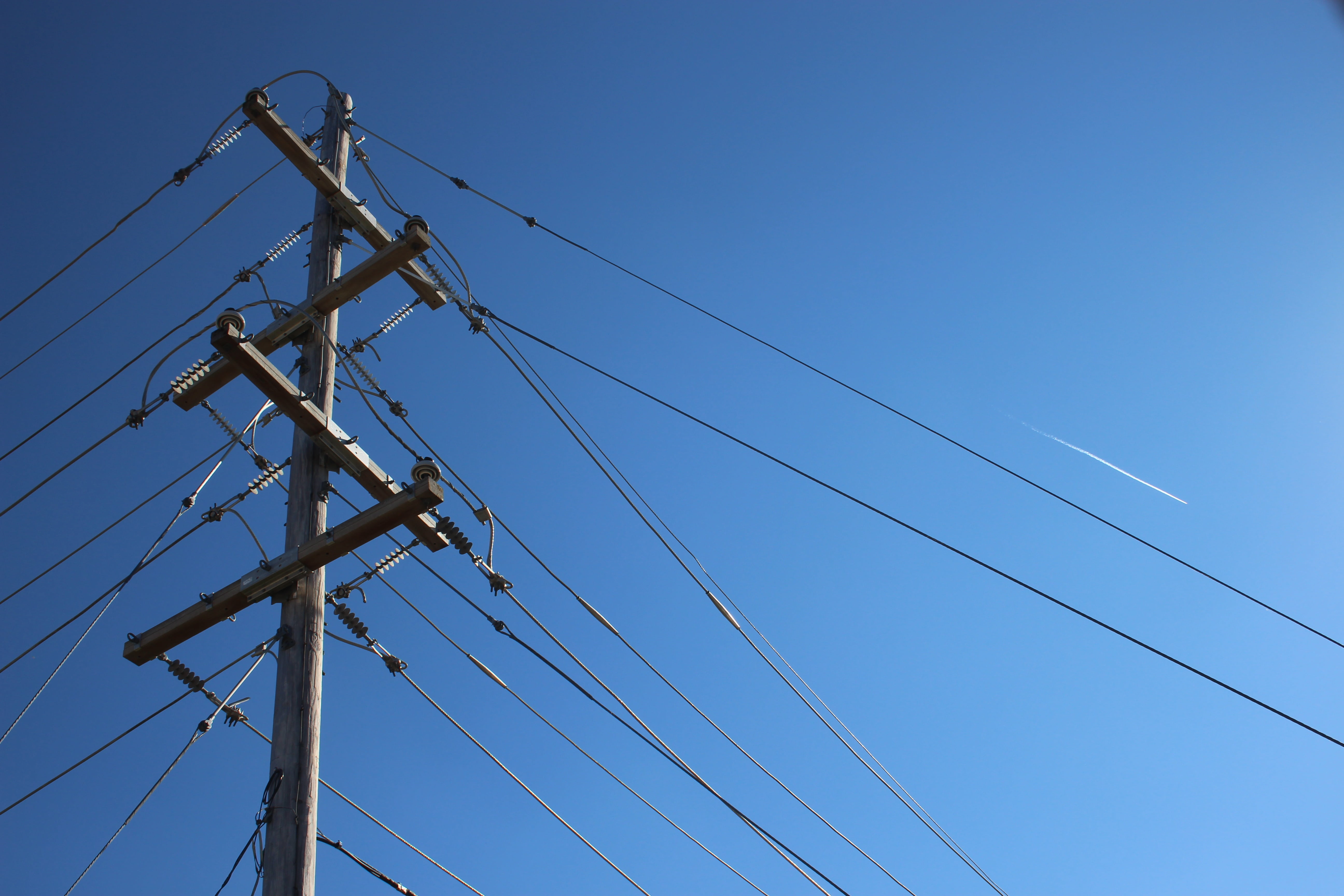 sky, airplane, technology, engineering, nature, pole, high, electricity pylon, line, power line, 5K, energy, low angle view, complexity, day, airline, HD Wallpaper